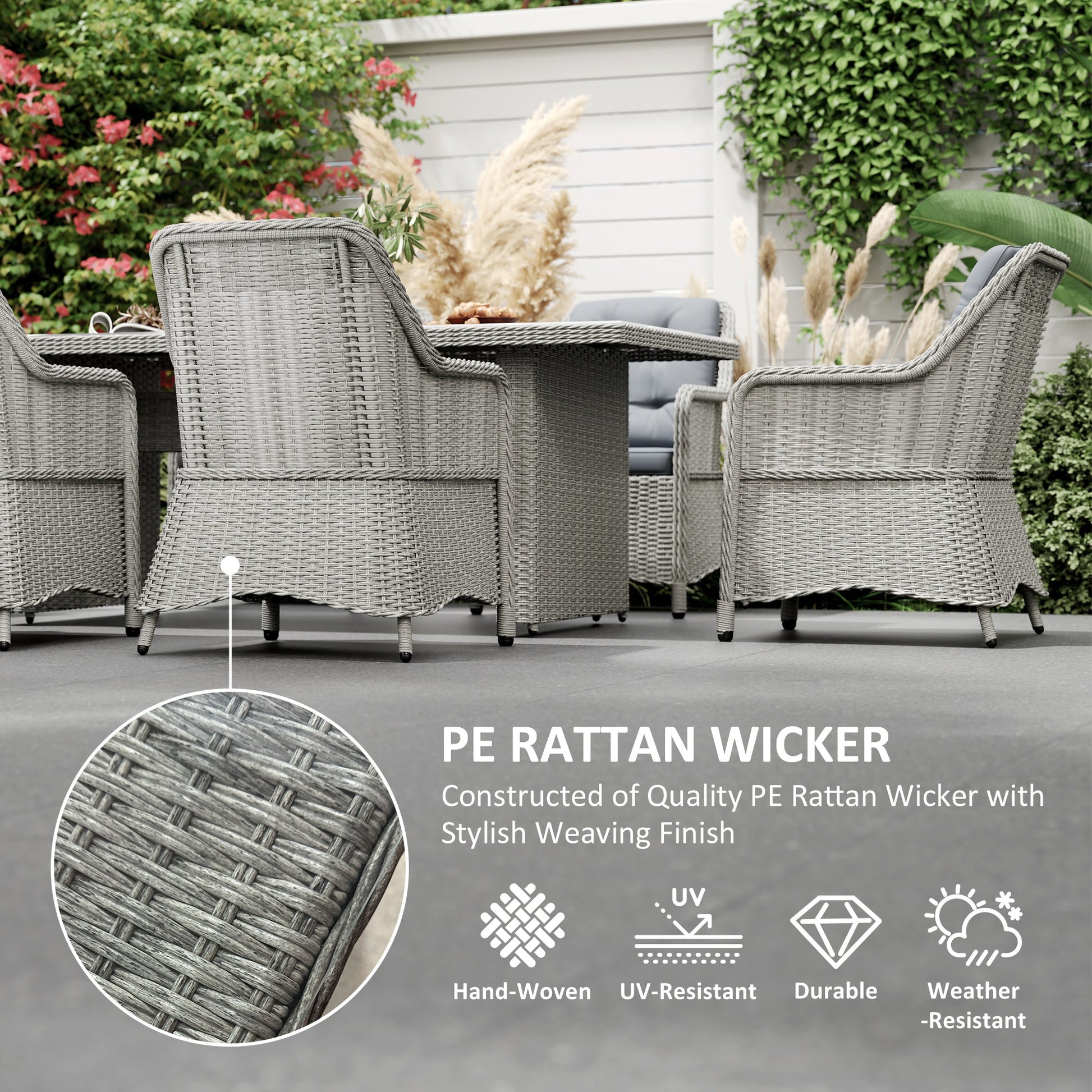 6 Seater Rattan Dining Set, Round PE Rattan Garden Furniture Set with Seat and Back Cushions, Aluminium Outdoor Dining Table and Chairs with 6 Armchairs, Rectangular Glass Top Table, Grey