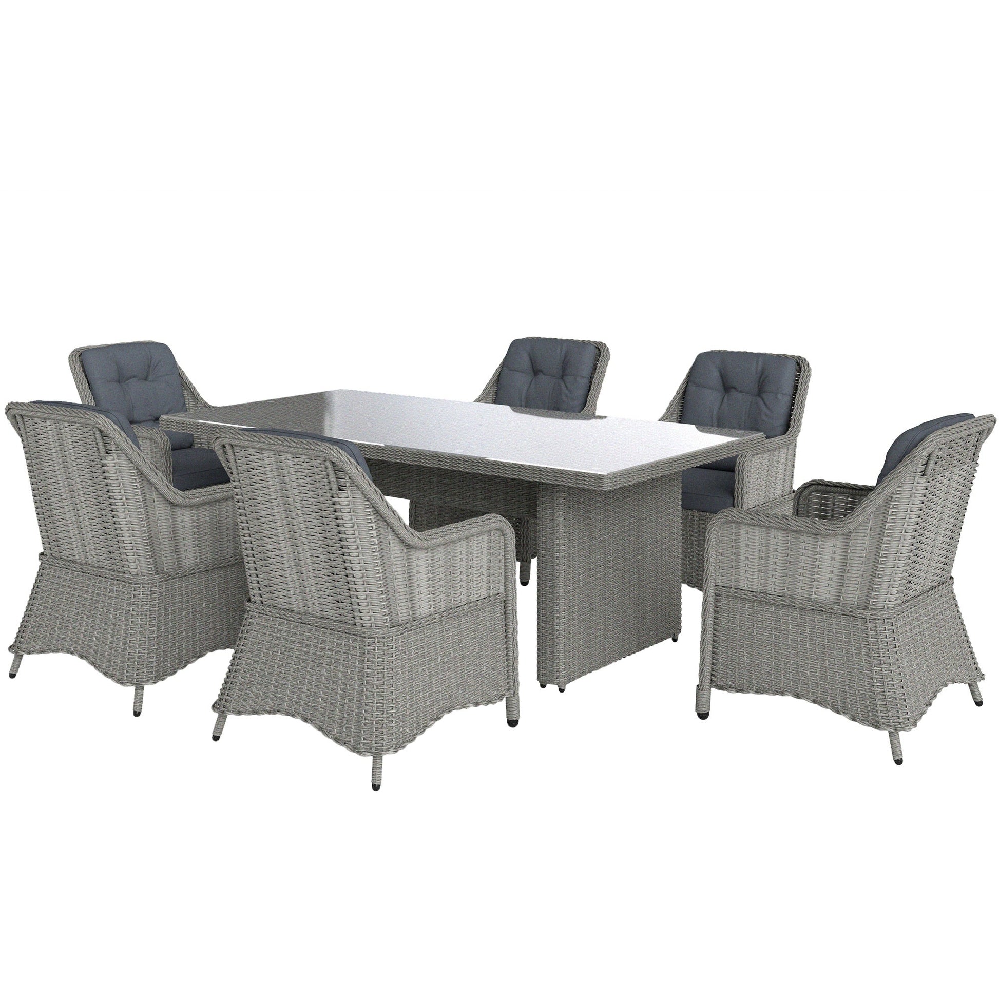 6 Seater Rattan Dining Set, Round PE Rattan Garden Furniture Set with Seat and Back Cushions, Aluminium Outdoor Dining Table and Chairs with 6 Armchairs, Rectangular Glass Top Table, Grey