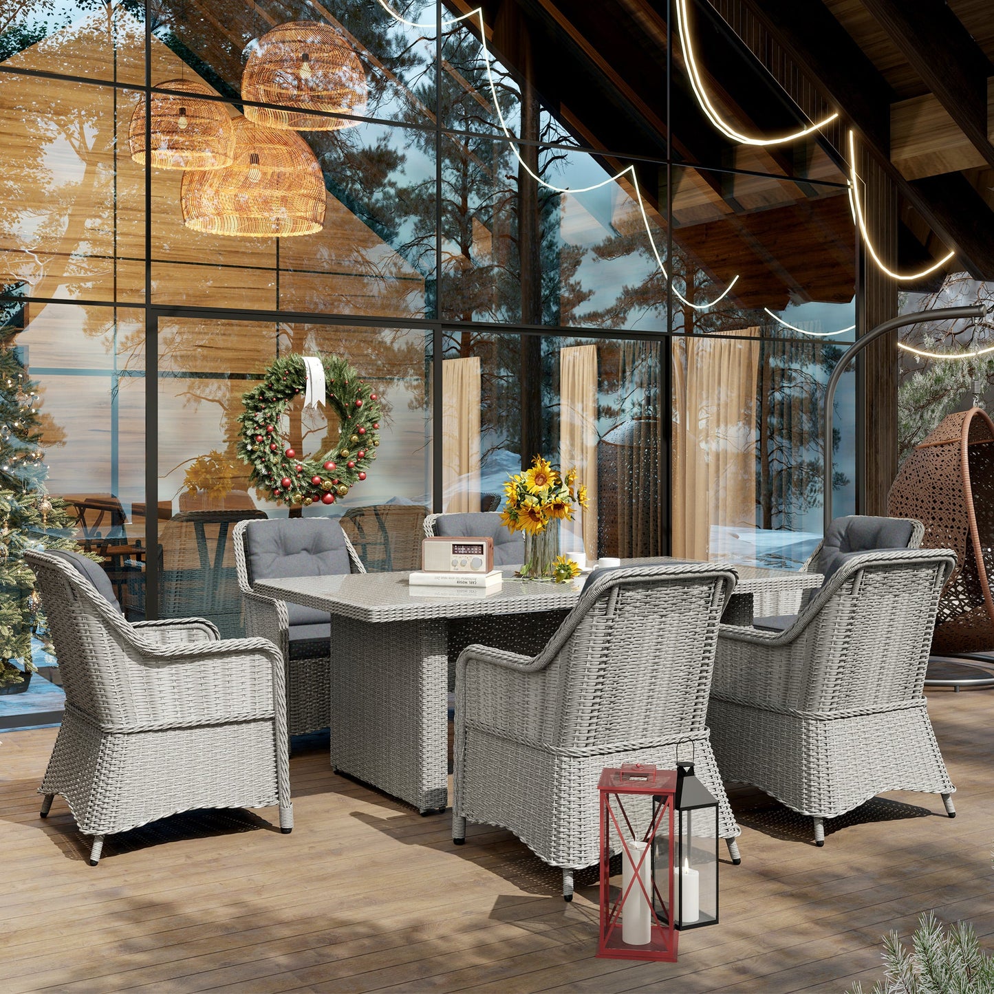 6 Seater Rattan Dining Set, Round PE Rattan Garden Furniture Set with Seat and Back Cushions, Aluminium Outdoor Dining Table and Chairs with 6 Armchairs, Rectangular Glass Top Table, Grey