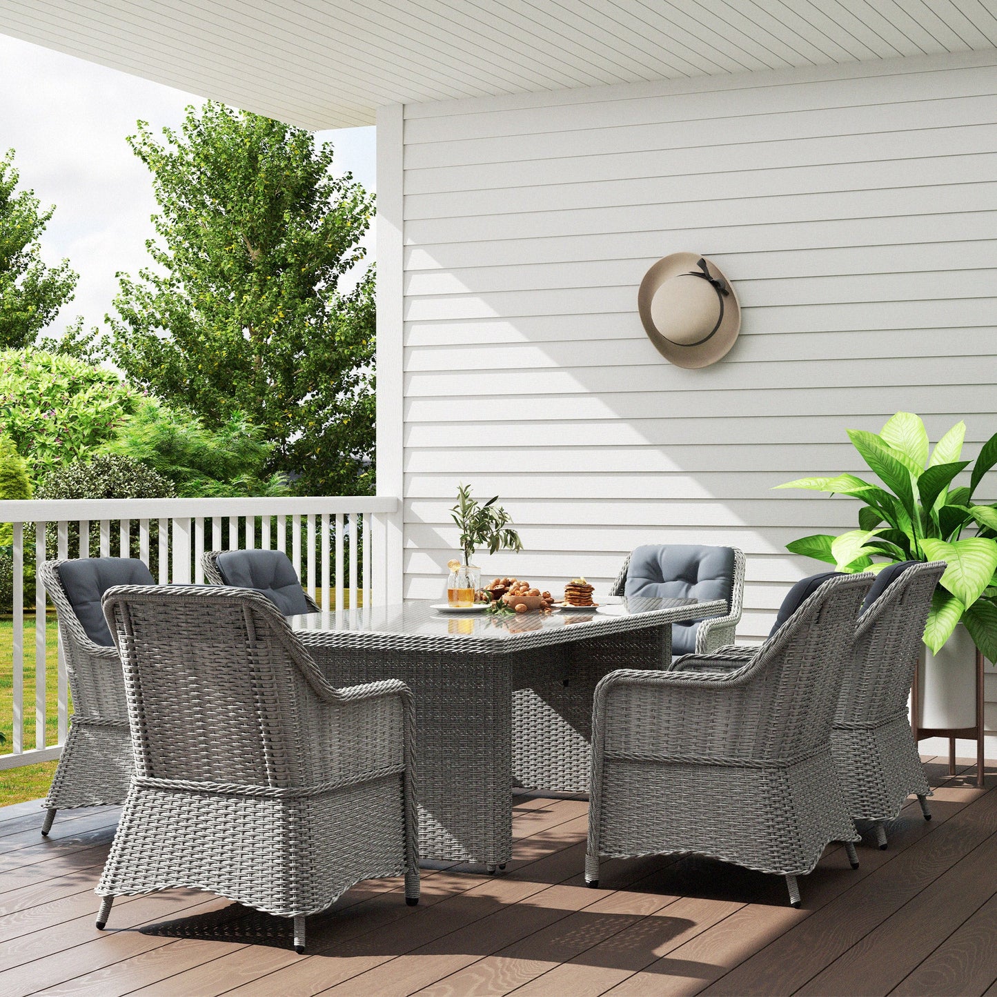 6 Seater Rattan Dining Set, Round PE Rattan Garden Furniture Set with Seat and Back Cushions, Aluminium Outdoor Dining Table and Chairs with 6 Armchairs, Rectangular Glass Top Table, Grey