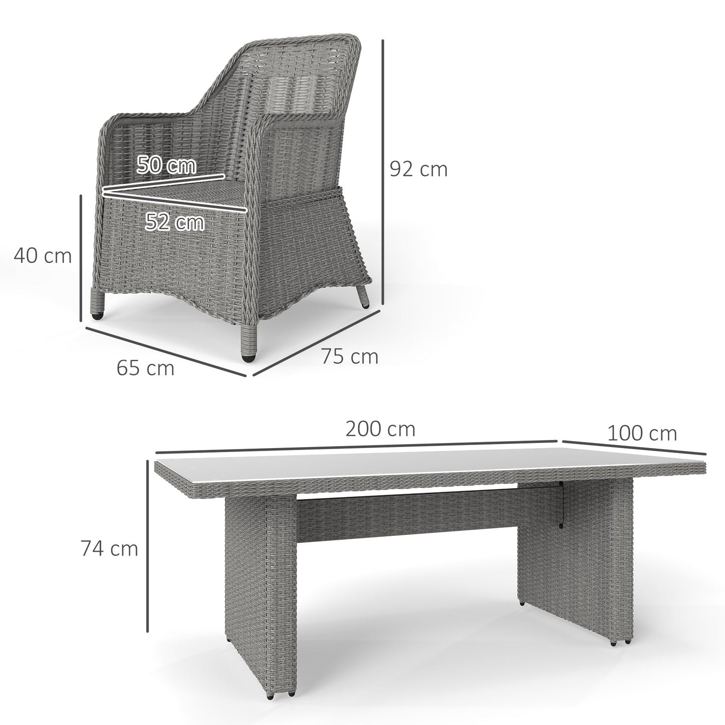 6 Seater Rattan Dining Set, Round PE Rattan Garden Furniture Set with Seat and Back Cushions, Aluminium Outdoor Dining Table and Chairs with 6 Armchairs, Rectangular Glass Top Table, Grey