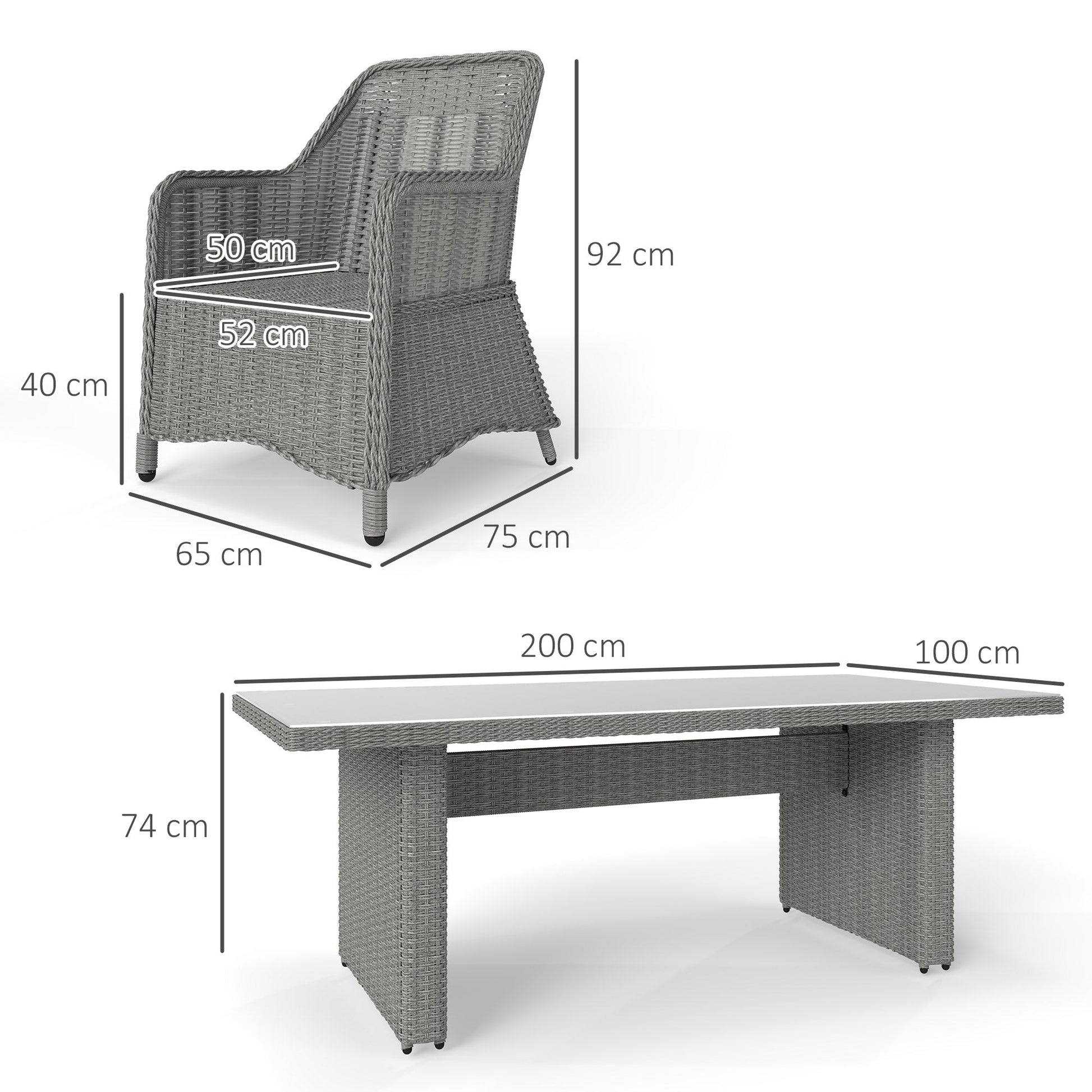 6 Seater Rattan Dining Set, Round PE Rattan Garden Furniture Set with Seat and Back Cushions, Aluminium Outdoor Dining Table and Chairs with 6 Armchairs, Rectangular Glass Top Table, Grey