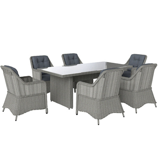 6 Seater Rattan Dining Set, Round PE Rattan Garden Furniture Set with Seat and Back Cushions, Aluminium Outdoor Dining Table and Chairs with 6 Armchairs, Rectangular Glass Top Table, Grey