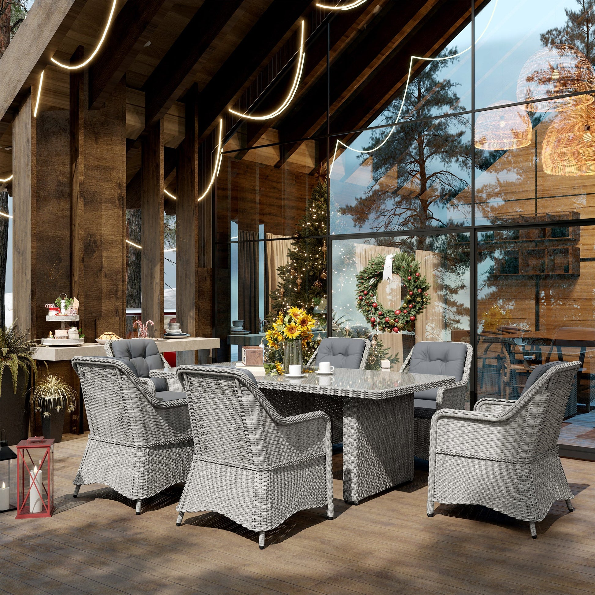 6 Seater Rattan Dining Set, Round PE Rattan Garden Furniture Set with Seat and Back Cushions, Aluminium Outdoor Dining Table and Chairs with 6 Armchairs, Rectangular Glass Top Table, Grey
