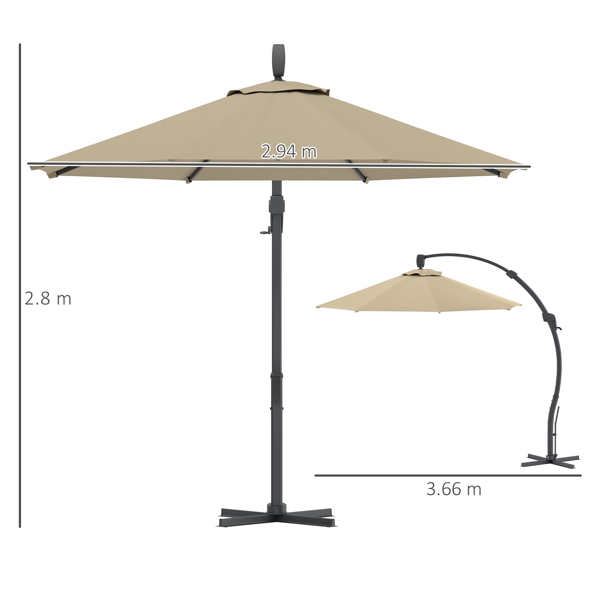 3(m) Garden Cantilever Parasol, Round Overhanging Umbrella with Crank Handle, Cross Base, Aluminium Frame and 360° Rotation, Banana Patio Umbrella for Outdoor Sun Shade, Khaki