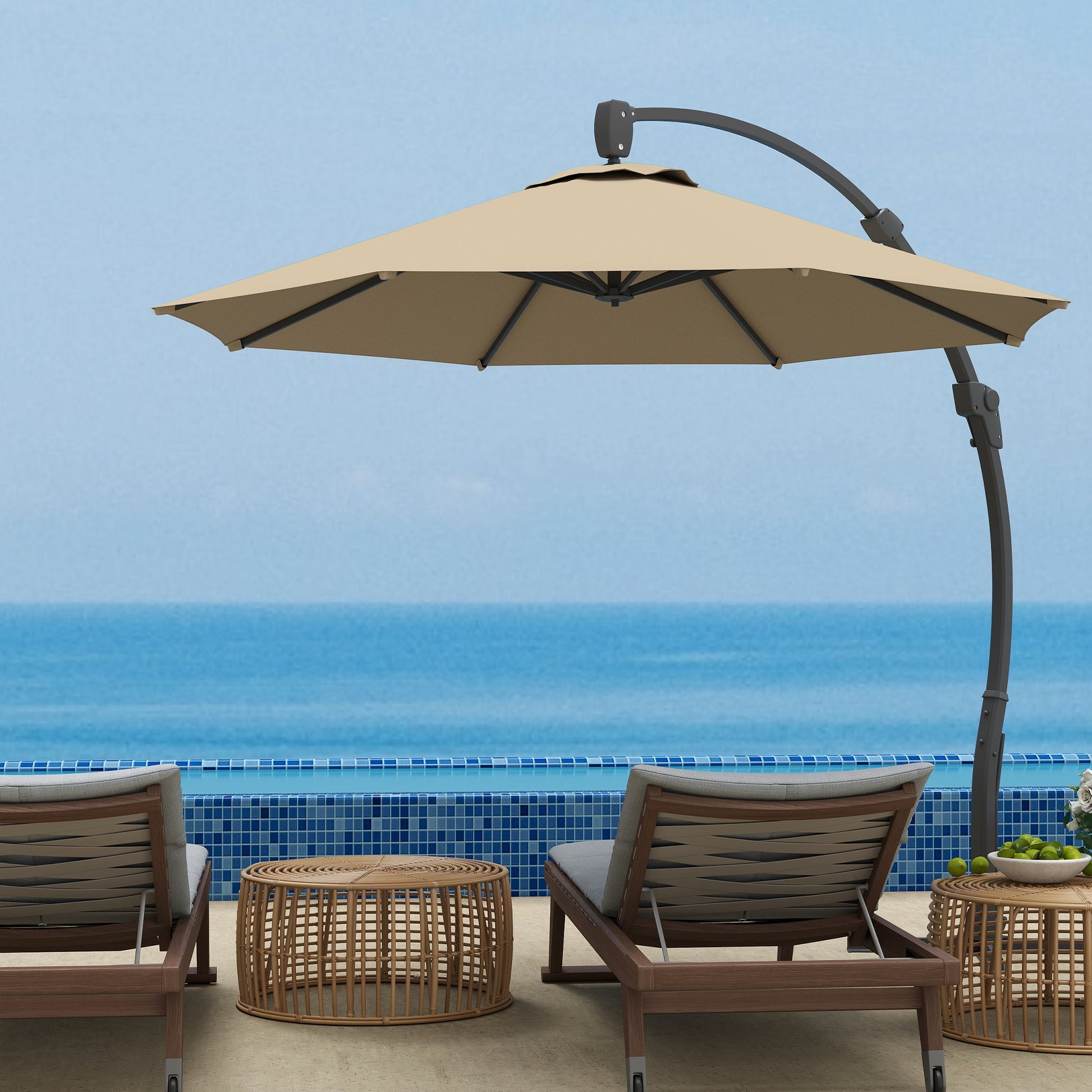 3(m) Garden Cantilever Parasol, Round Overhanging Umbrella with Crank Handle, Cross Base, Aluminium Frame and 360° Rotation, Banana Patio Umbrella for Outdoor Sun Shade, Khaki