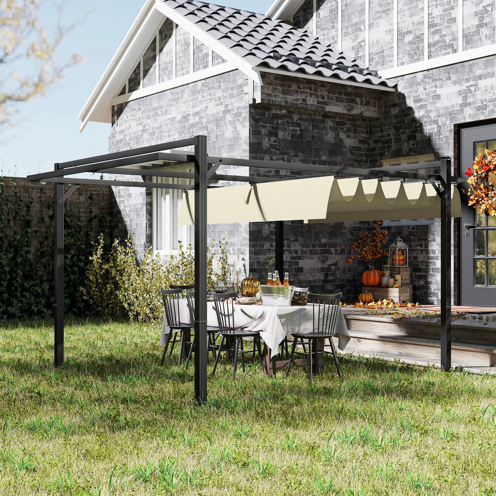 3 x 4m Pergola with Retractable Roof Canopy, Aluminium Frame Garden Gazebo Outdoor Sun Shade Shelter for Grill, Patio, Deck, Khaki