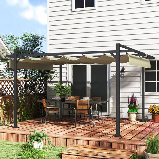 3 x 4m Pergola with Retractable Roof Canopy, Aluminium Frame Garden Gazebo Outdoor Sun Shade Shelter for Grill, Patio, Deck, Khaki
