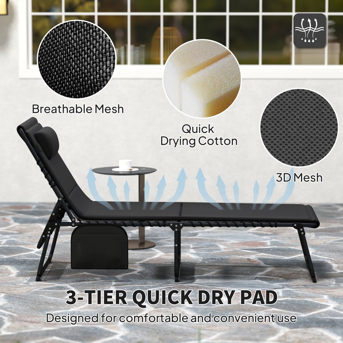 Folding Sun Loungers Set of 2, Recliner Garden Chairs with Quick Drying Pad Headrest Side Pocket, Garden Sun Loungers for Beach Pool, Black