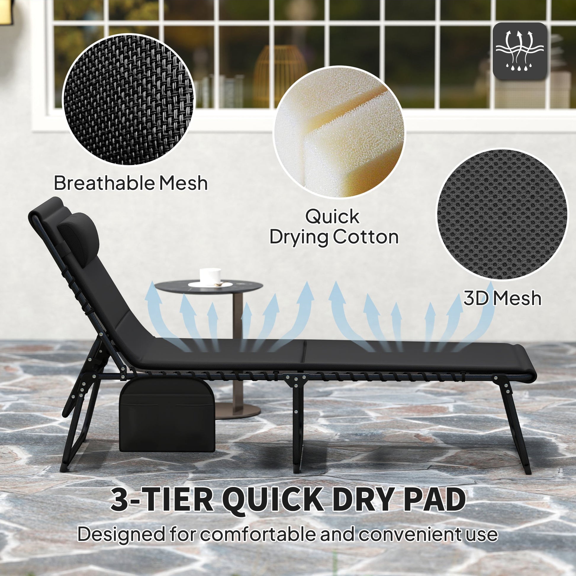Folding Sun Loungers Set of 2, Recliner Garden Chairs with Quick Drying Pad Headrest Side Pocket, Garden Sun Loungers for Beach Pool, Black