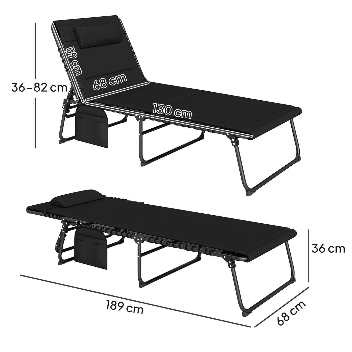 Folding Sun Loungers Set of 2, Recliner Garden Chairs with Quick Drying Pad Headrest Side Pocket, Garden Sun Loungers for Beach Pool, Black