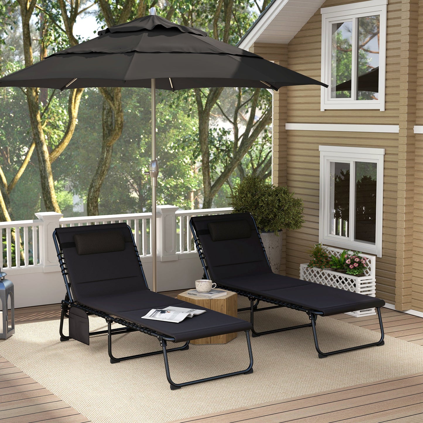 Folding Sun Loungers Set of 2, Recliner Garden Chairs with Quick Drying Pad Headrest Side Pocket, Garden Sun Loungers for Beach Pool, Black