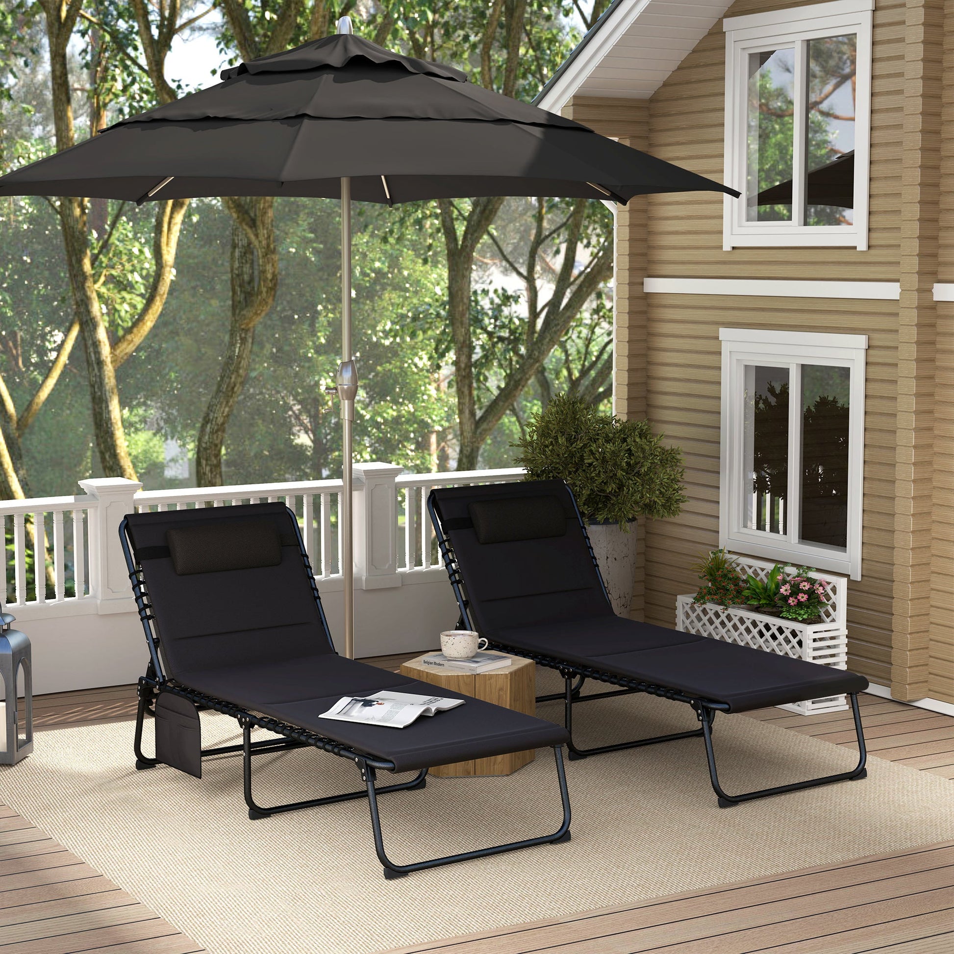 Folding Sun Loungers Set of 2, Recliner Garden Chairs with Quick Drying Pad Headrest Side Pocket, Garden Sun Loungers for Beach Pool, Black