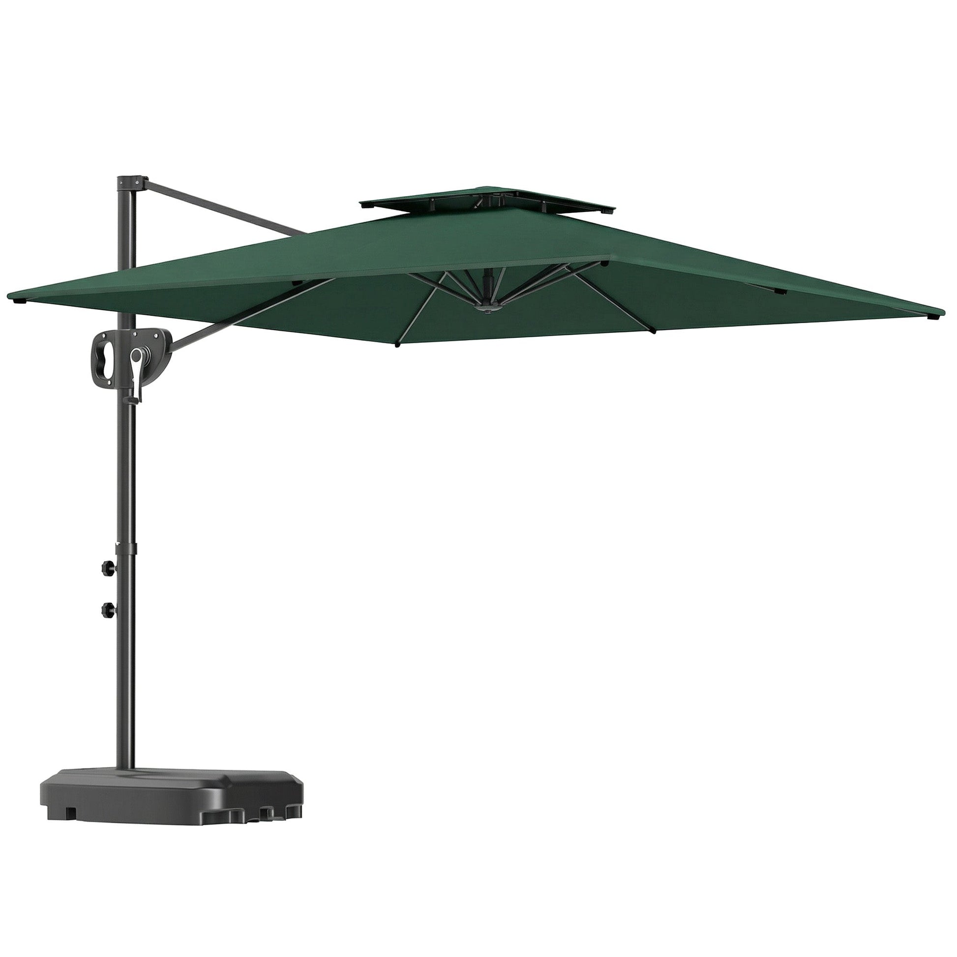 2.5m Garden Cantilever Parasol with Fillable Base, Up to 45kg, Double Top Garden Parasol, Square Overhanging Patio Umbrella with Crank Handle and Tilt for Outdoor Sun Shade, Dark Green