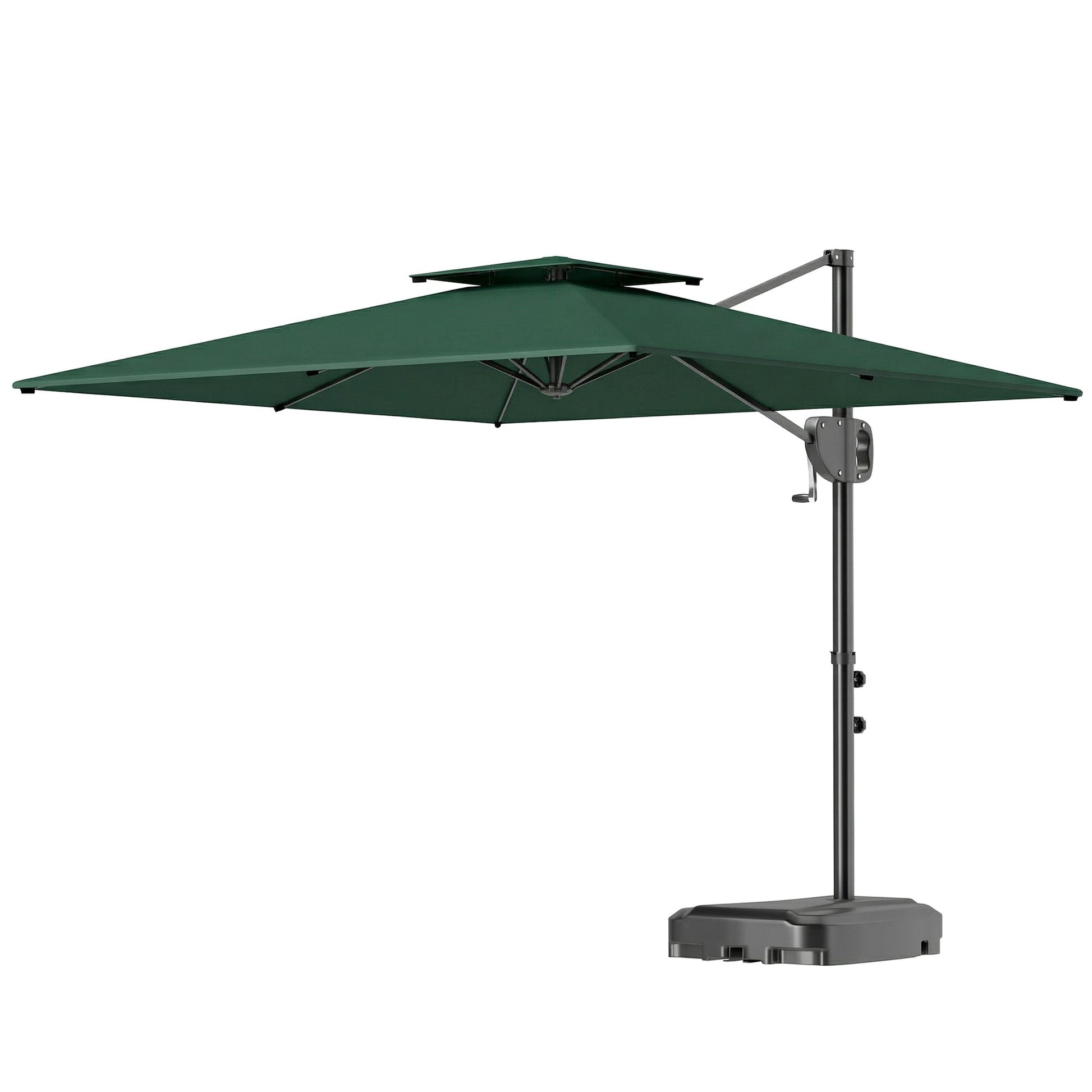 2.5m Garden Cantilever Parasol with Fillable Base, Up to 45kg, Double Top Garden Parasol, Square Overhanging Patio Umbrella with Crank Handle and Tilt for Outdoor Sun Shade, Dark Green