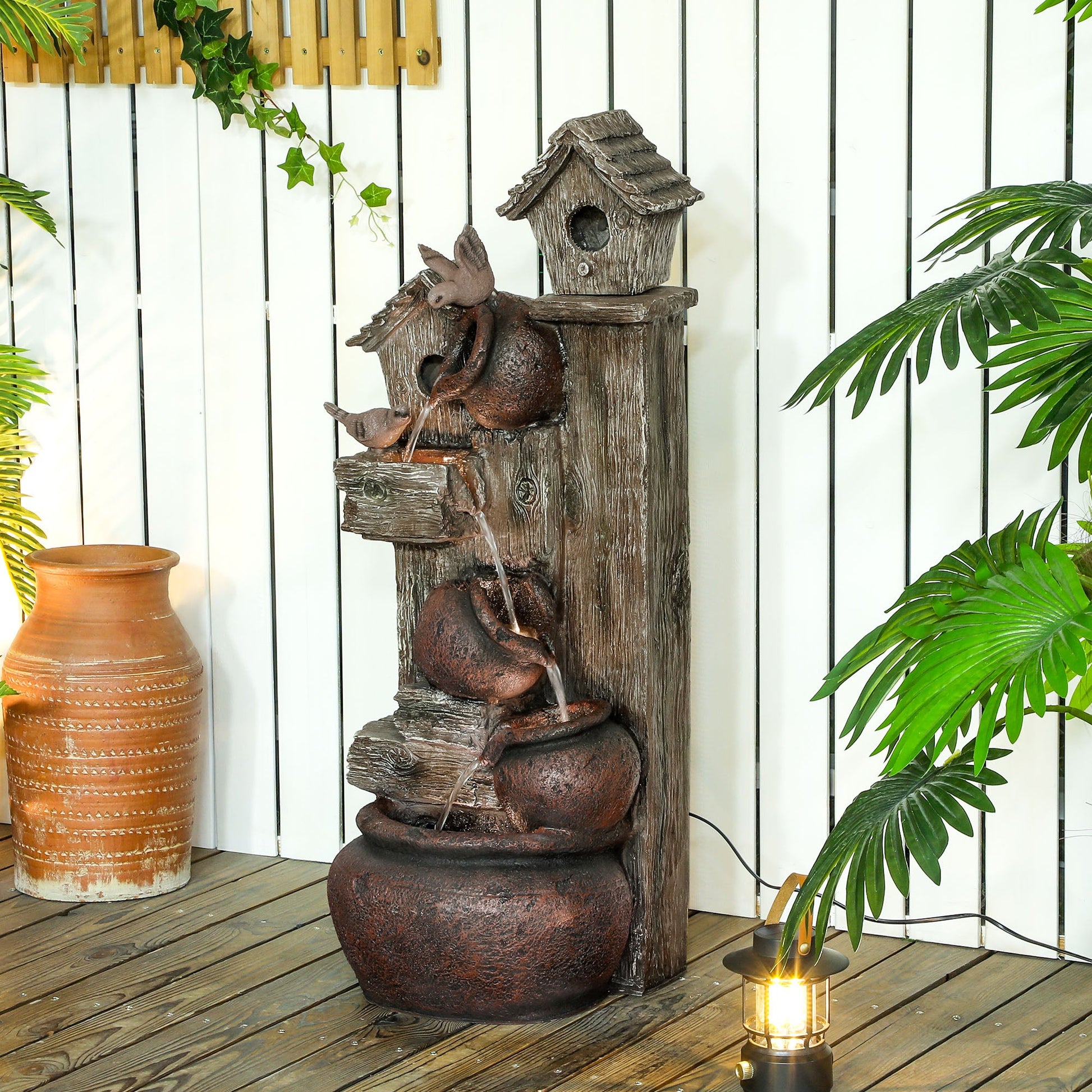 2-in-1 Waterfall Fountain with Birdhouse, Resin Garden Water Fountain with LED Lights Pump, Cascading Garden Water Feature with Tree Trunk Design, Multi-colour