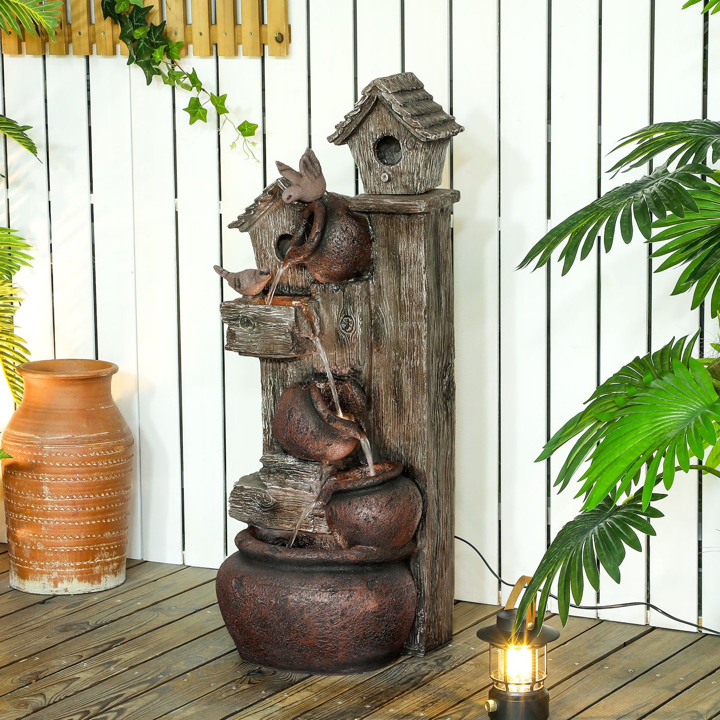 2-in-1 Waterfall Fountain with Birdhouse, Resin Garden Water Fountain with LED Lights Pump, Cascading Garden Water Feature with Tree Trunk Design, Multi-colour