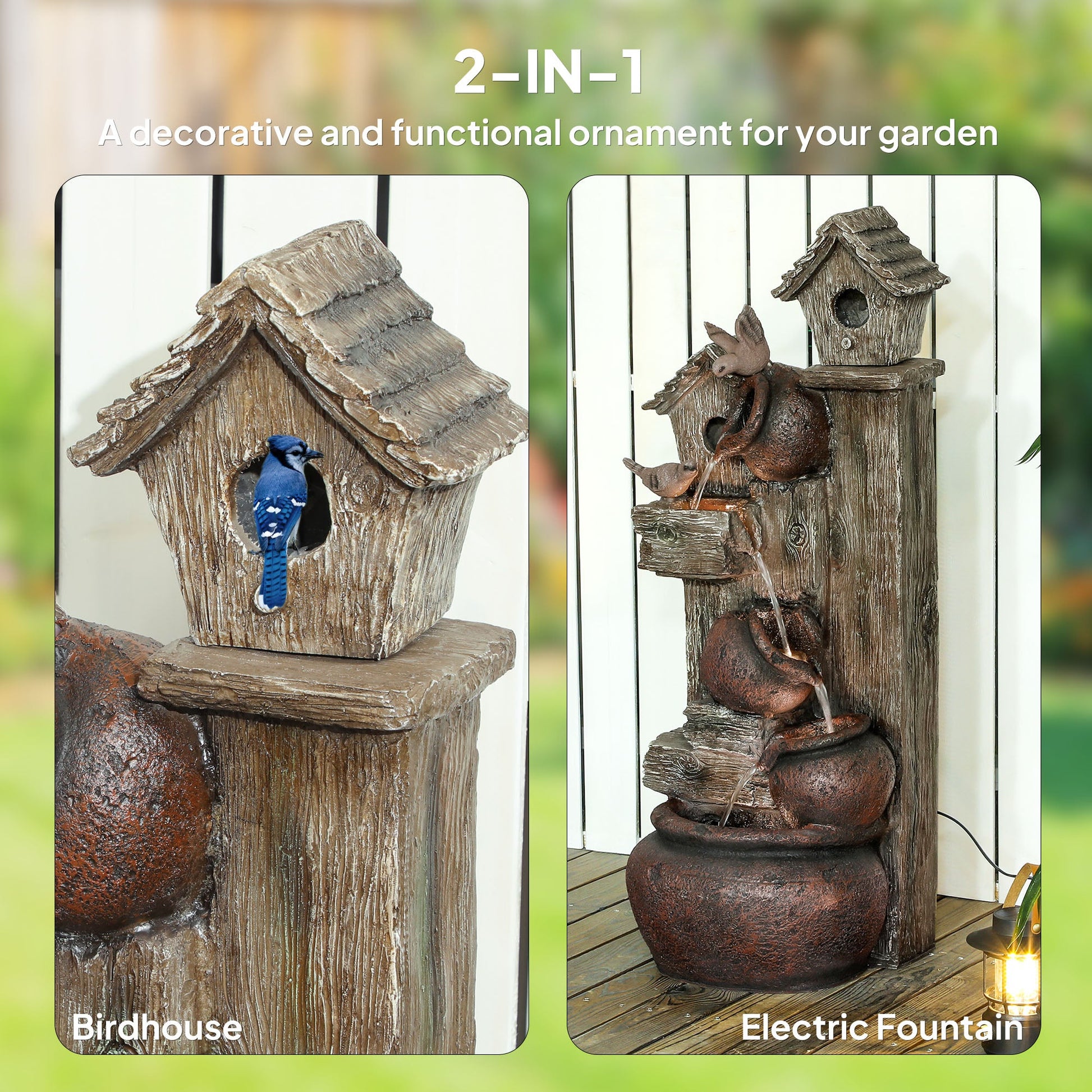 2-in-1 Waterfall Fountain with Birdhouse, Resin Garden Water Fountain with LED Lights Pump, Cascading Garden Water Feature with Tree Trunk Design, Multi-colour