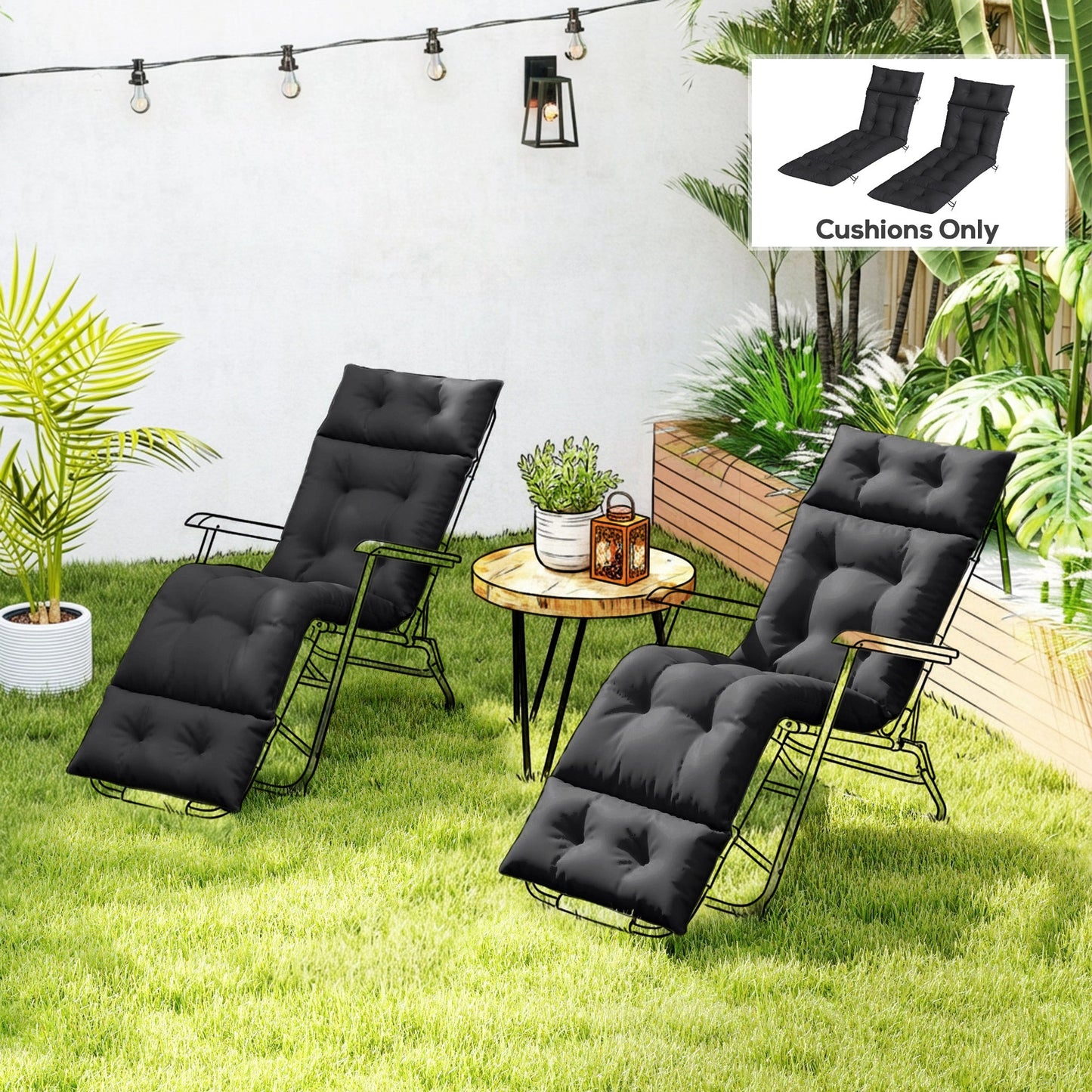 Sun Lounger Cushions Only, 190x56x10cm Garden Lounge Chair Cushions Set of 2, UPF20+ 220gsm Fabric, Thick Sunbed Replacement Pads with 6 Ties, Black