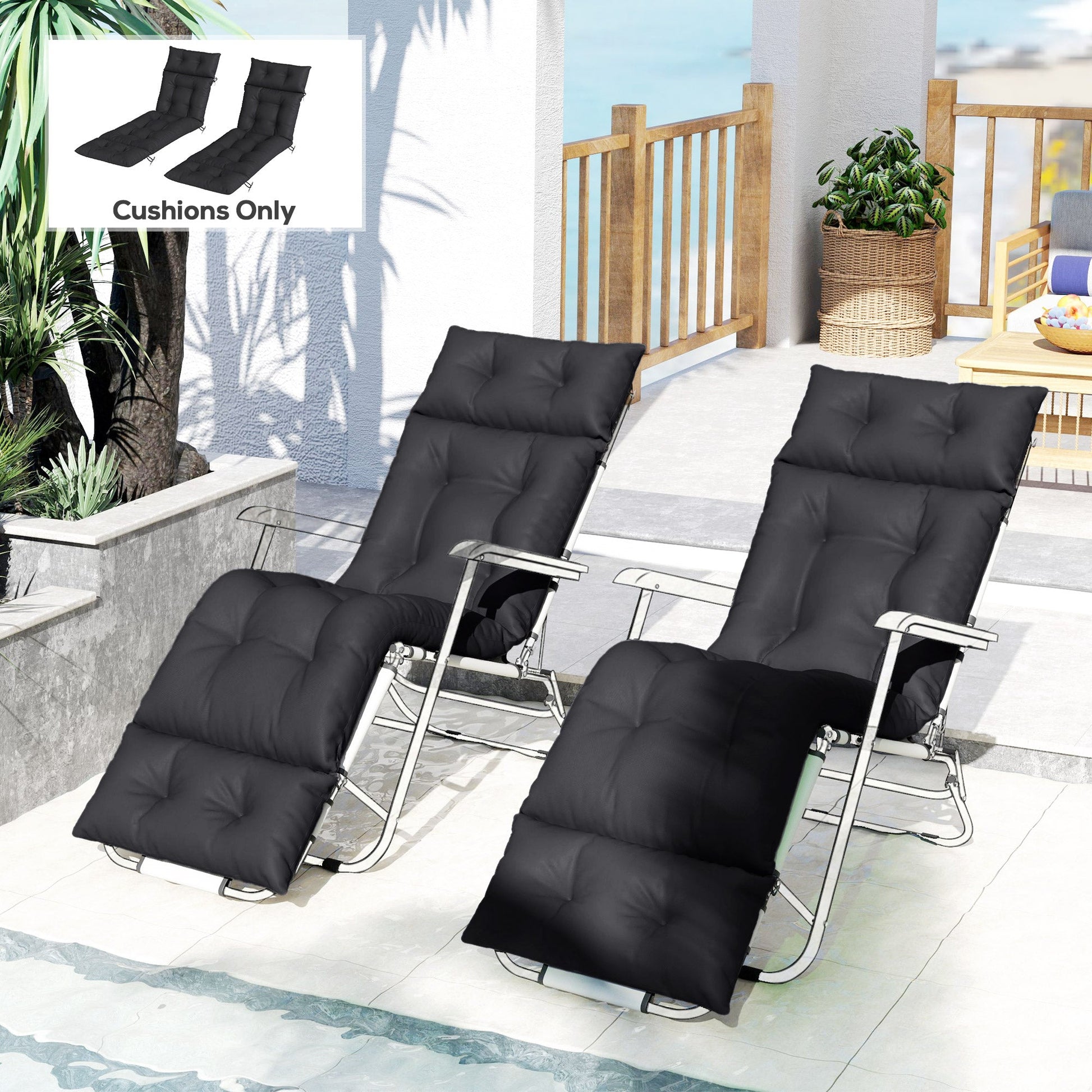Sun Lounger Cushions Only, 190x56x10cm Garden Lounge Chair Cushions Set of 2, UPF20+ 220gsm Fabric, Thick Sunbed Replacement Pads with 6 Ties, Black
