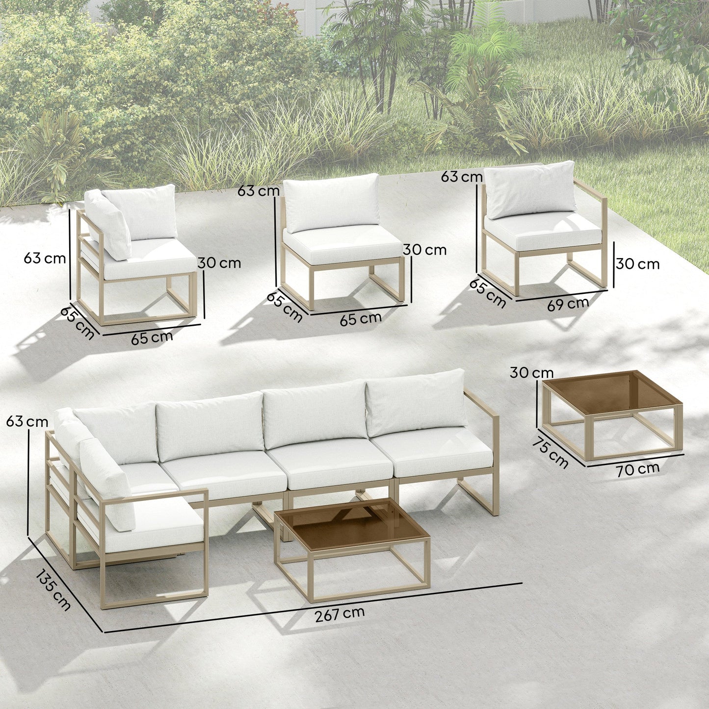 6 Seater Aluminium Garden Furniture Set, Extra Deep Garden Sofa Set with Coffee Table and Thick Cushions, Furniture Conversation Sets for Patio and Balcony, Outdoor, White