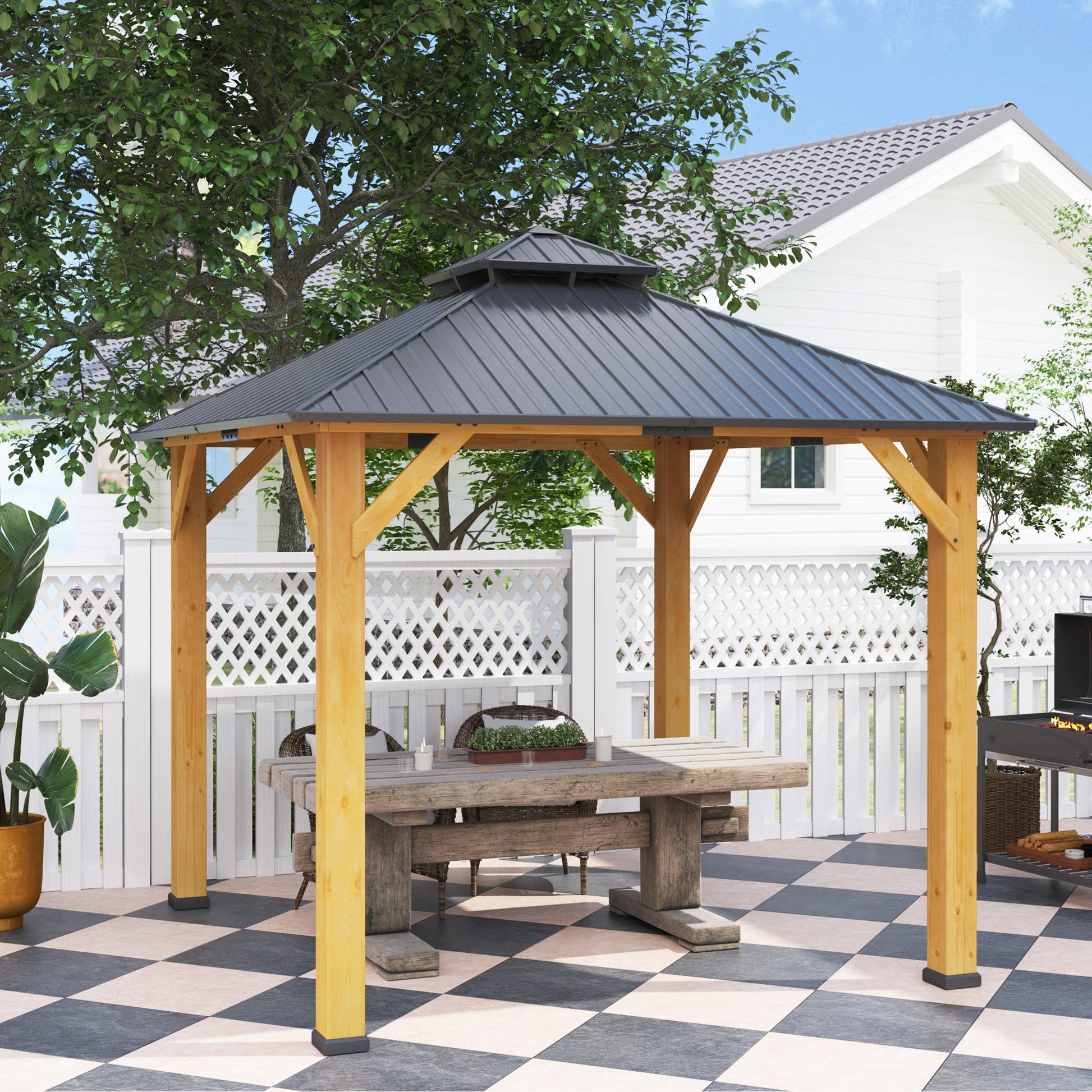 3x(3)M Outdoor Hardtop Gazebo Canopy with 2-Tier Roof and Solid Wood Frame, Outdoor Patio Shelter for Patio, Garden, Grey