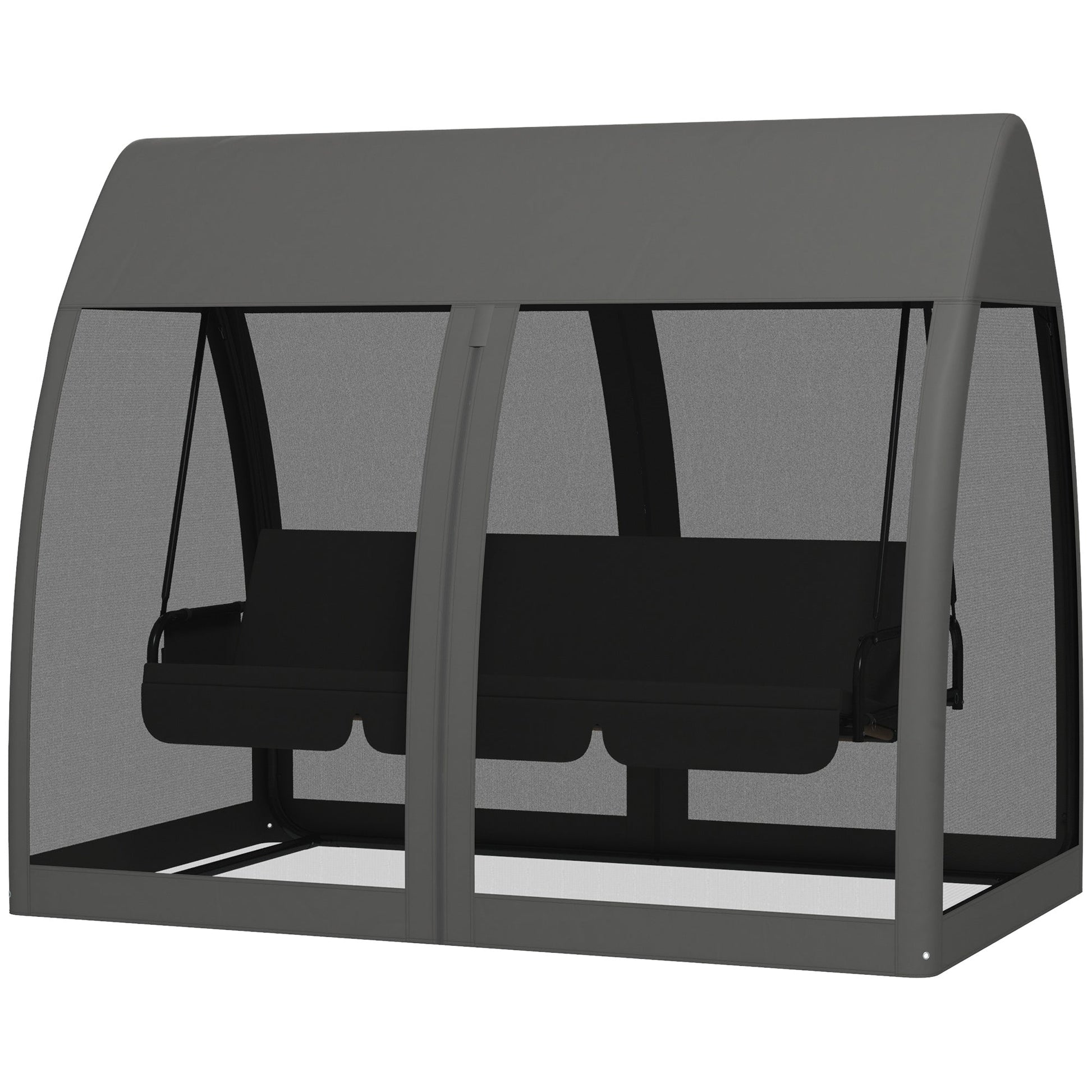3 Seater Swing Chair 2 in 1 Garden Swing Seat Bed Convertible Outdoor Rocking Bench Bed with Water-Resistant Roof, Zipped Door and Mosquito Netting, Grey