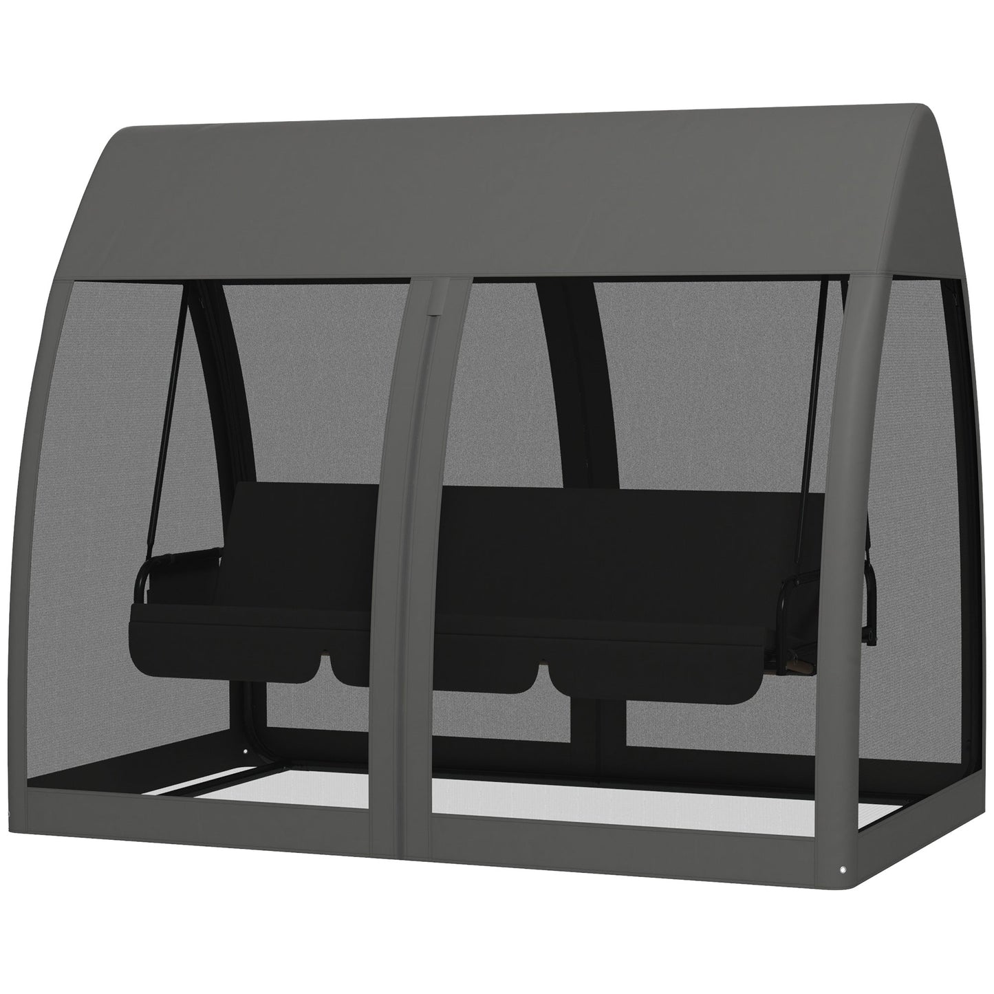 3 Seater Swing Chair 2 in 1 Garden Swing Seat Bed Convertible Outdoor Rocking Bench Bed with Water-Resistant Roof, Zipped Door and Mosquito Netting, Grey