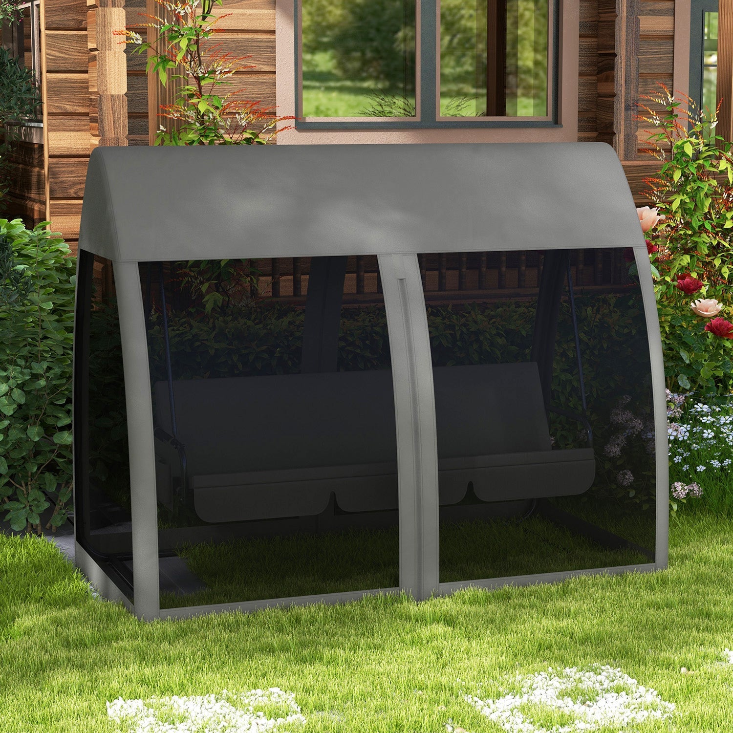 3 Seater Swing Chair 2 in 1 Garden Swing Seat Bed Convertible Outdoor Rocking Bench Bed with Water-Resistant Roof, Zipped Door and Mosquito Netting, Grey