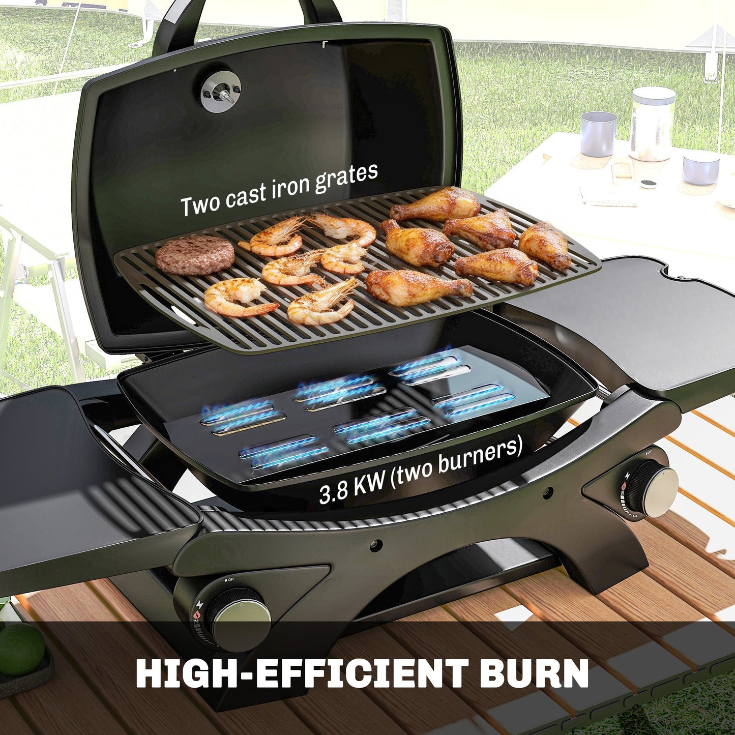 2 Burner Gas Grill with 2 Detachable Side Tables, 3.8 KW Steel Barbecue Grill with Cast Iron Grates, Tabletop BBQ with Lid, Thermometer, Grease Tray, 4 Hooks, Black