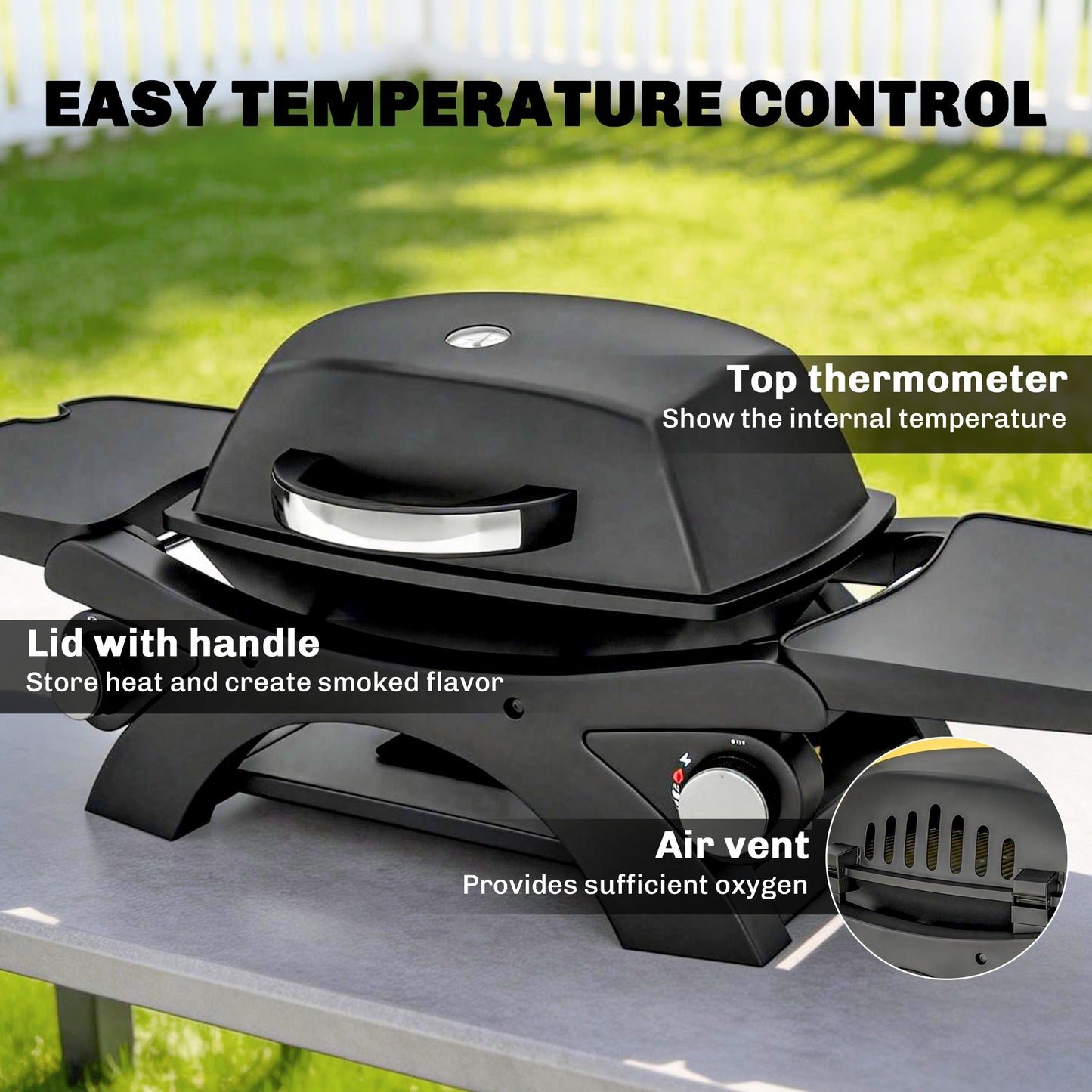 2 Burner Gas Grill with 2 Detachable Side Tables, 3.8 KW Steel Barbecue Grill with Cast Iron Grates, Tabletop BBQ with Lid, Thermometer, Grease Tray, 4 Hooks, Black
