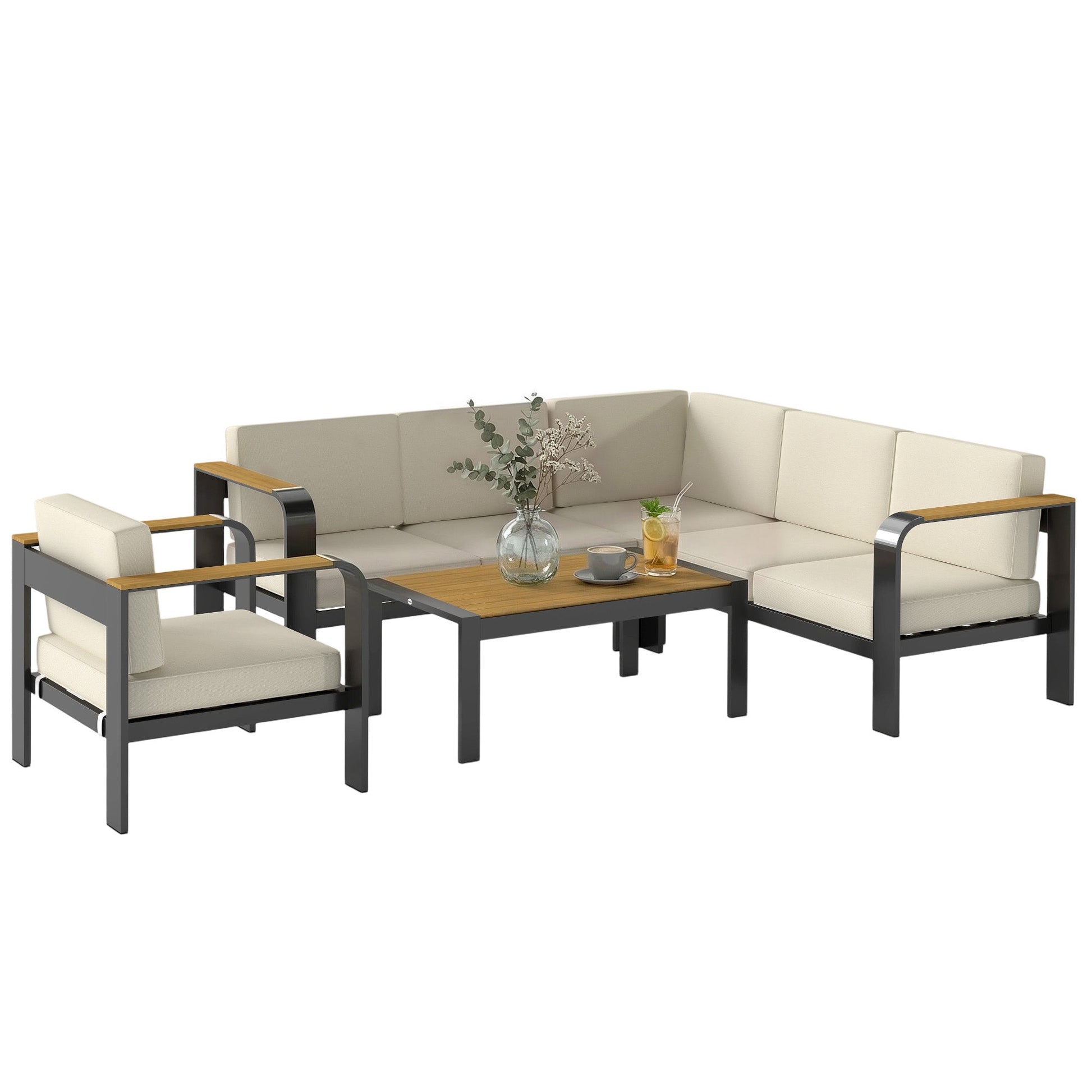 3 Pieces Garden Furniture Set with L-Shaped Sofa, Armchair and Coffee Table, Aluminium Garden Corner Sofa Set with Olefin Seat & Back Cushions, Wood Plastic Tabletop and Armrests, Beige