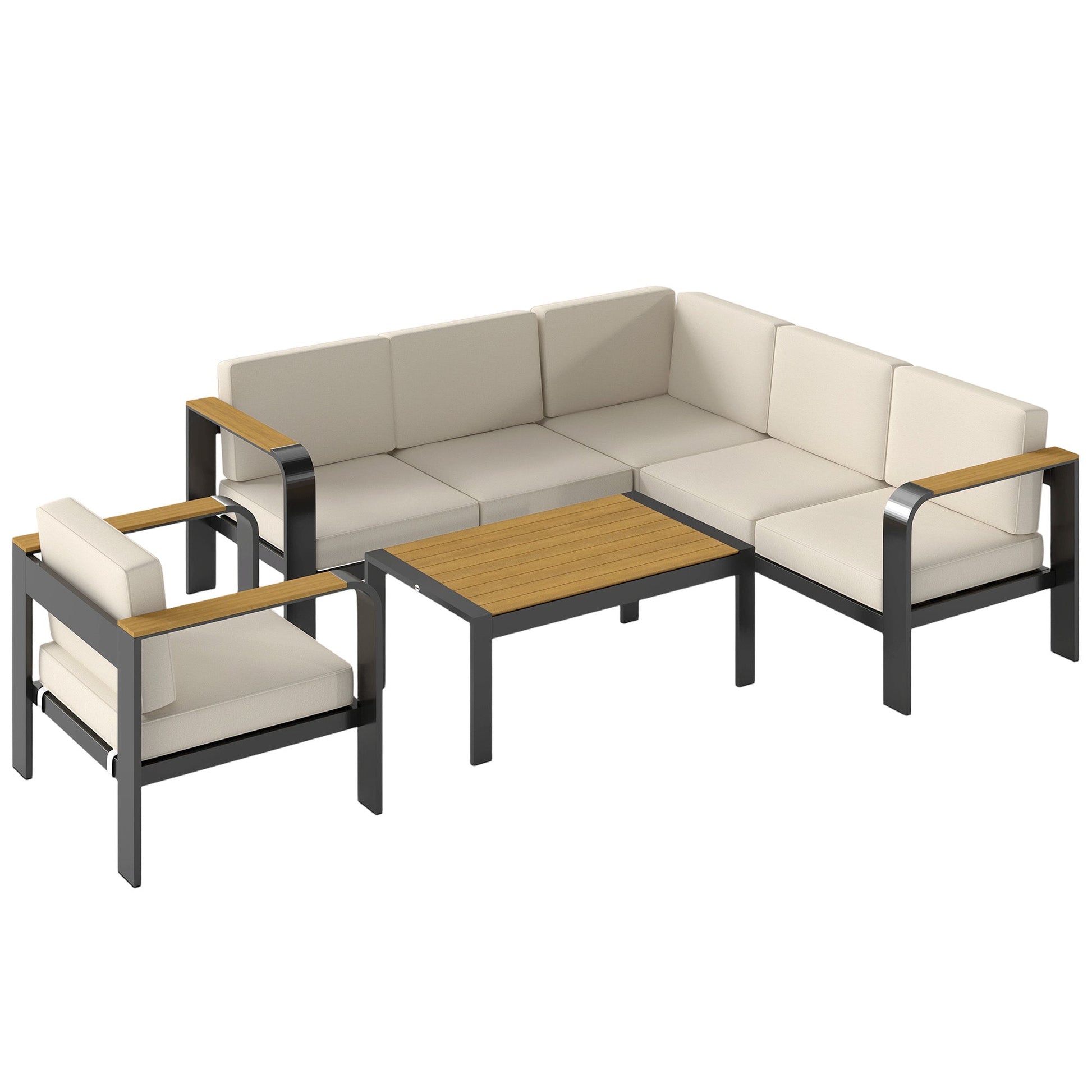 3 Pieces Garden Furniture Set with L-Shaped Sofa, Armchair and Coffee Table, Aluminium Garden Corner Sofa Set with Olefin Seat & Back Cushions, Wood Plastic Tabletop and Armrests, Beige