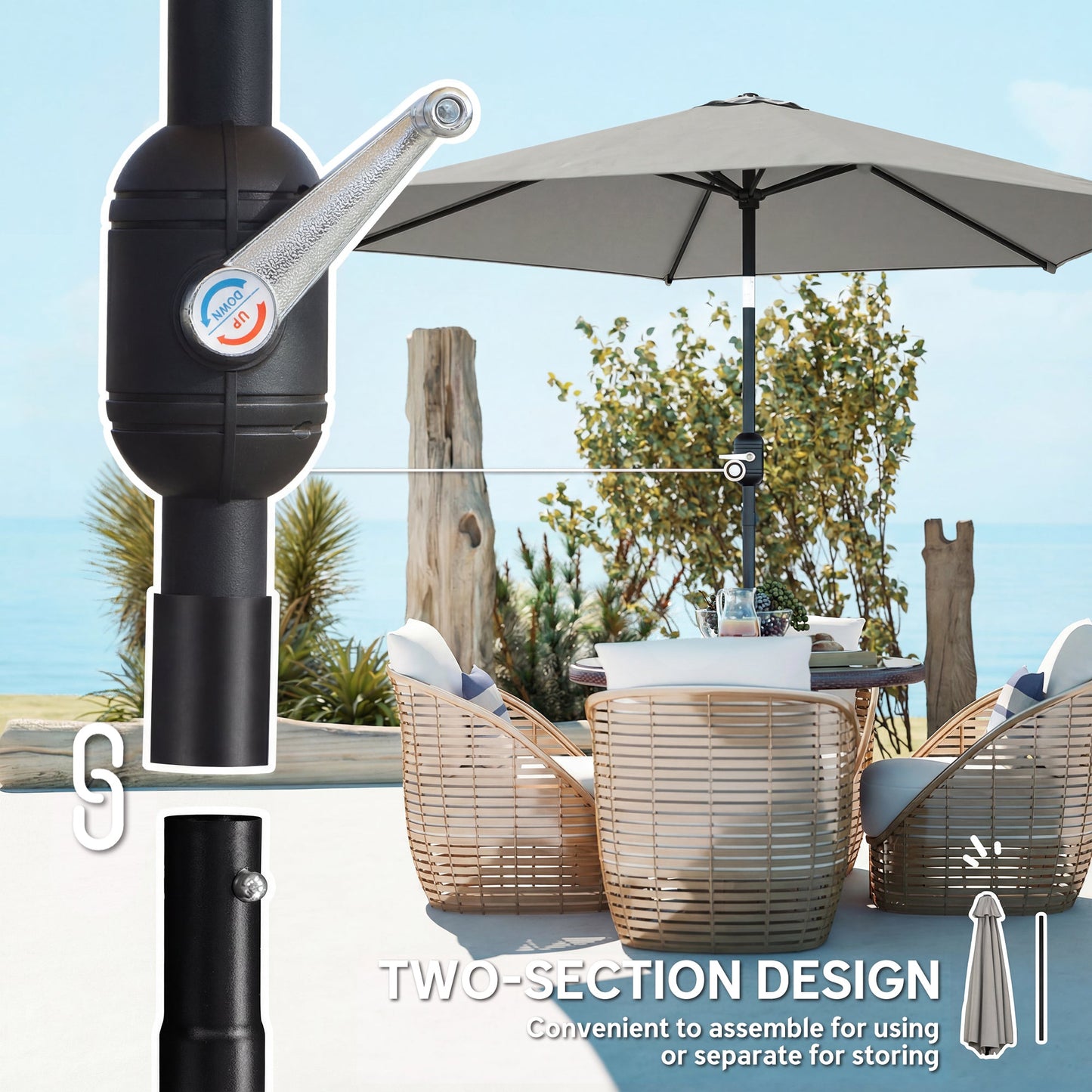 2.6 m Garden Parasol Umbrella with Aluminium Pole, Outdoor Table Market Patio Umbrella Sun Shade with Tilt and Crank, Vent, Light Grey