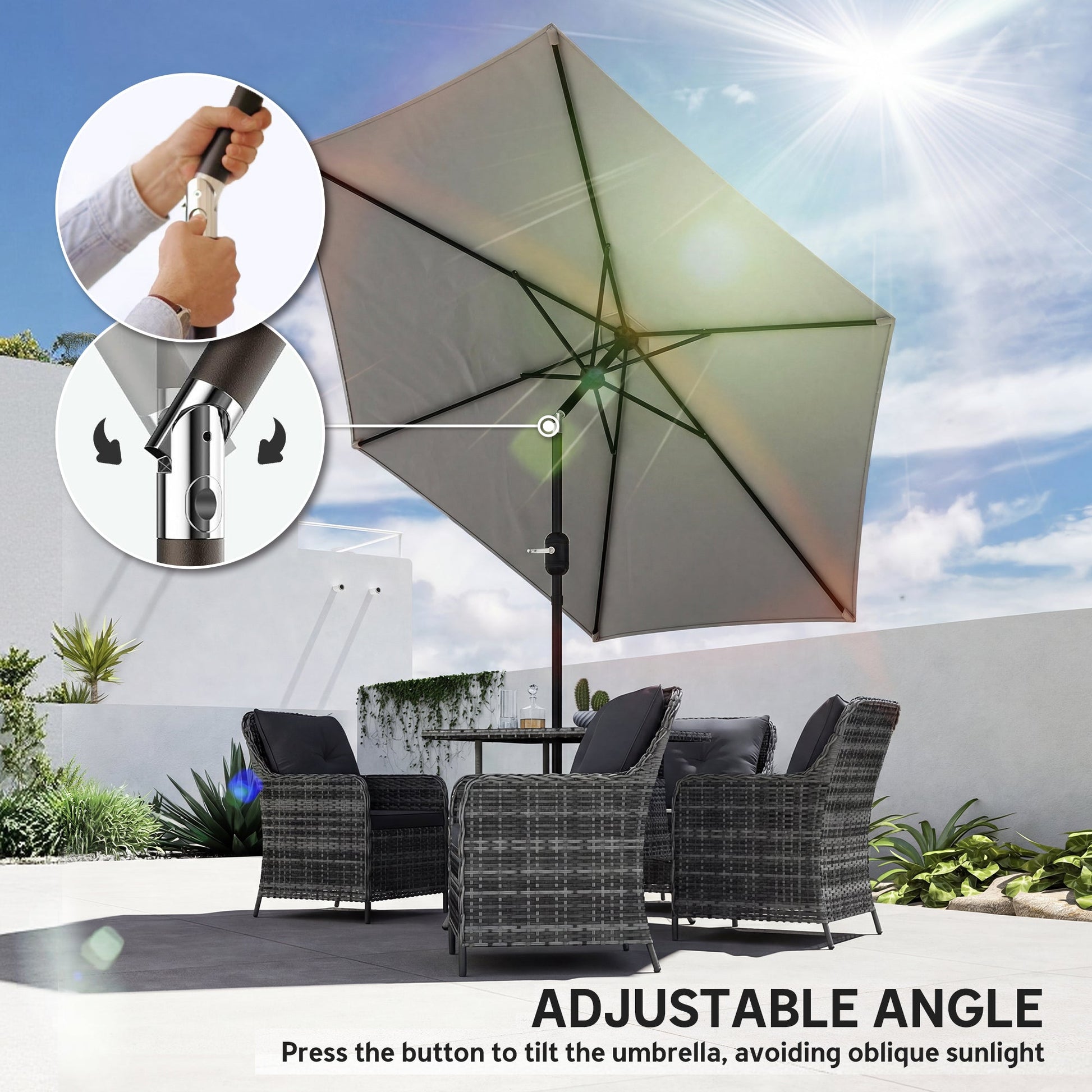 2.6 m Garden Parasol Umbrella with Aluminium Pole, Outdoor Table Market Patio Umbrella Sun Shade with Tilt and Crank, Vent, Light Grey