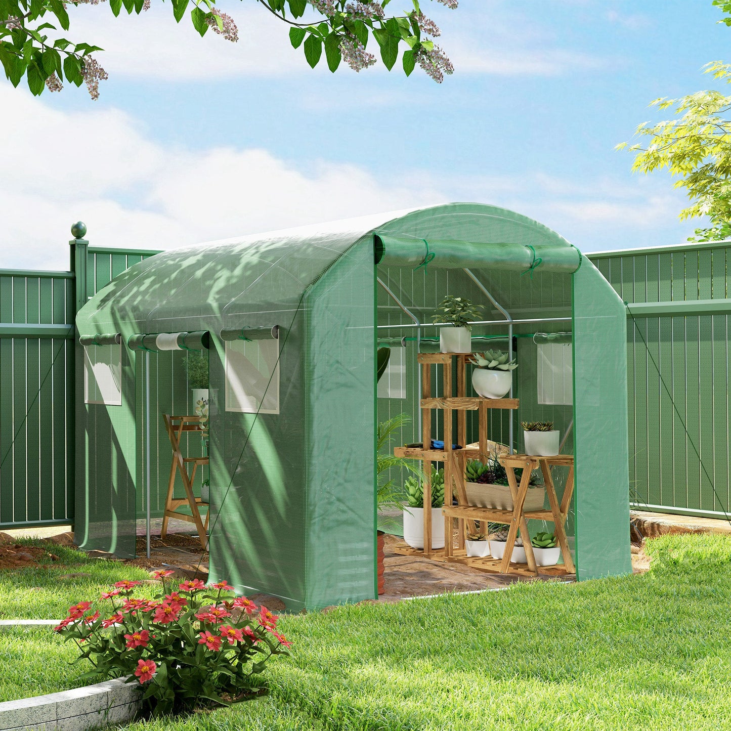 3 x 2 x 2m Polytunnel Greenhouse with 3 Roll-up Doors and Mesh Windows, Walk-in Garden Tunnel Warm House Tent with UV-resistant PE Cover and Galvanised Steel Frame, Green