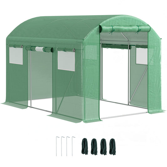 3 x 2 x 2m Polytunnel Greenhouse with 3 Roll-up Doors and Mesh Windows, Walk-in Garden Tunnel Warm House Tent with UV-resistant PE Cover and Galvanised Steel Frame, Green