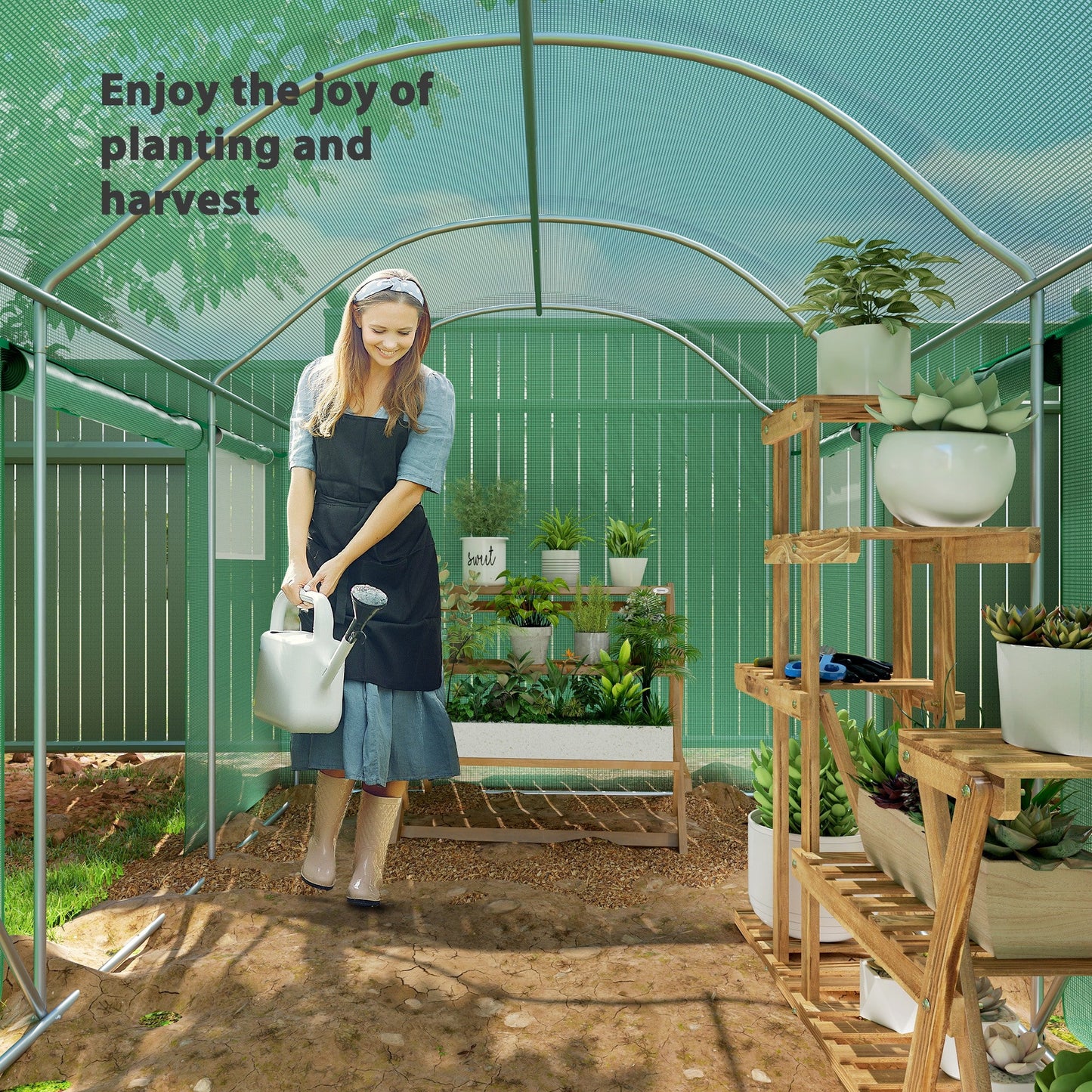 3 x 2 x 2m Polytunnel Greenhouse with 3 Roll-up Doors and Mesh Windows, Walk-in Garden Tunnel Warm House Tent with UV-resistant PE Cover and Galvanised Steel Frame, Green