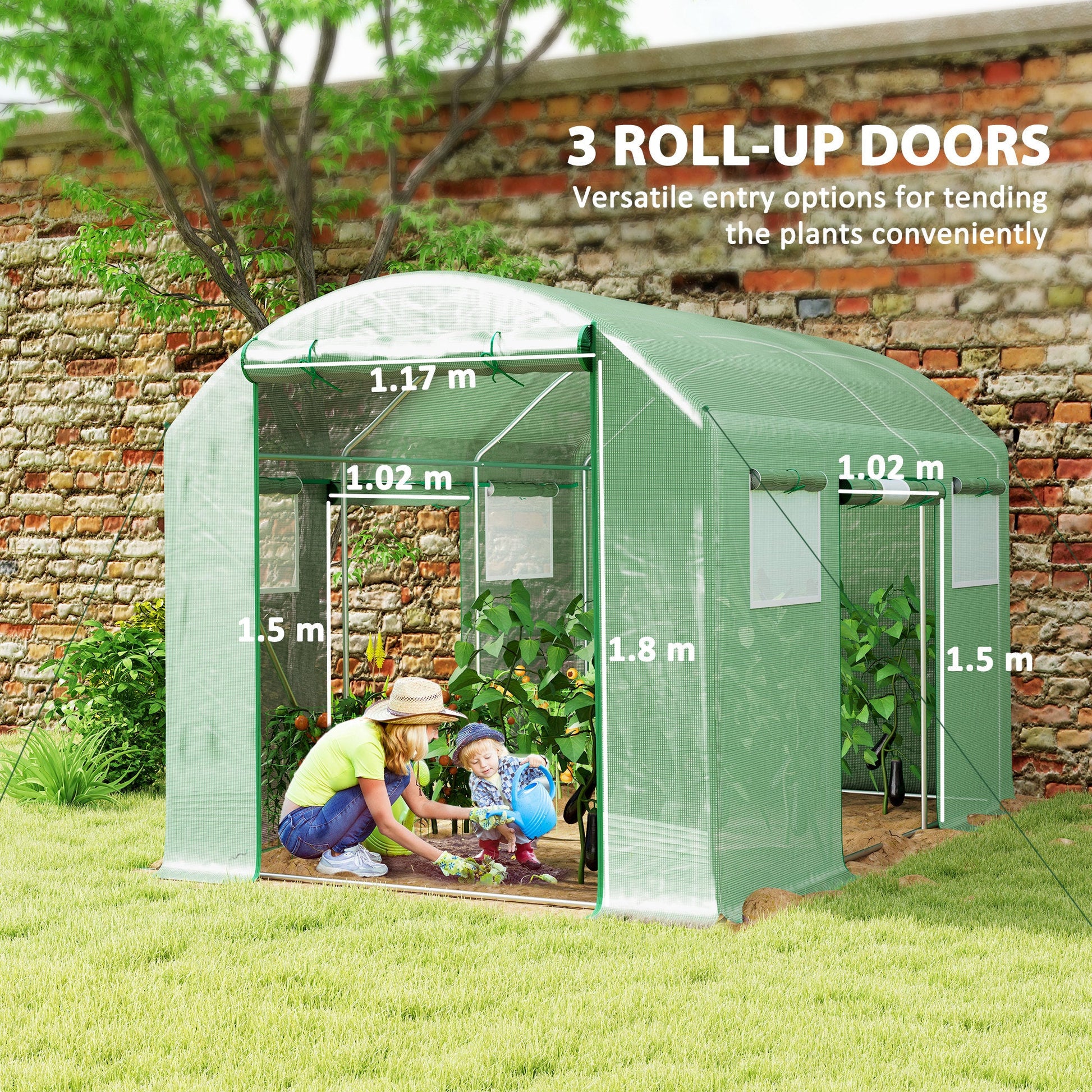 3 x 2 x 2m Polytunnel Greenhouse with 3 Roll-up Doors and Mesh Windows, Walk-in Garden Tunnel Warm House Tent with UV-resistant PE Cover and Galvanised Steel Frame, Green
