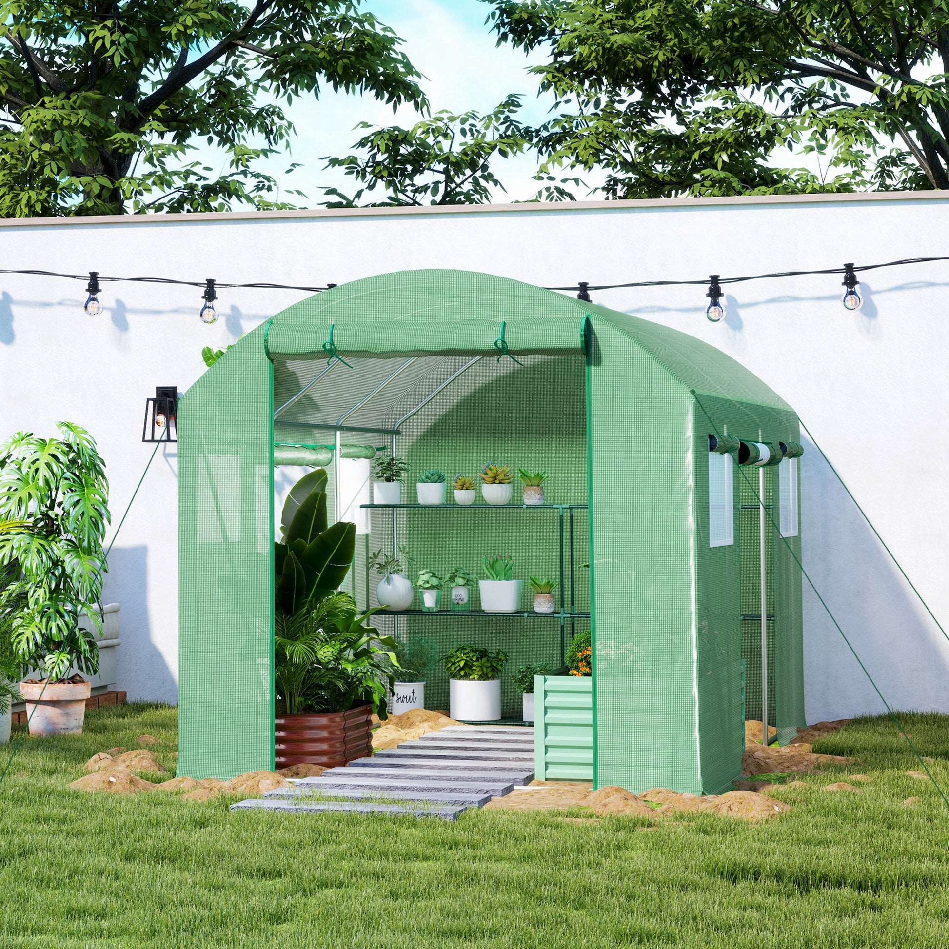 3 x 2 x 2m Polytunnel Greenhouse with 3 Roll-up Doors and Mesh Windows, Walk-in Garden Tunnel Warm House Tent with UV-resistant PE Cover and Galvanised Steel Frame, Green