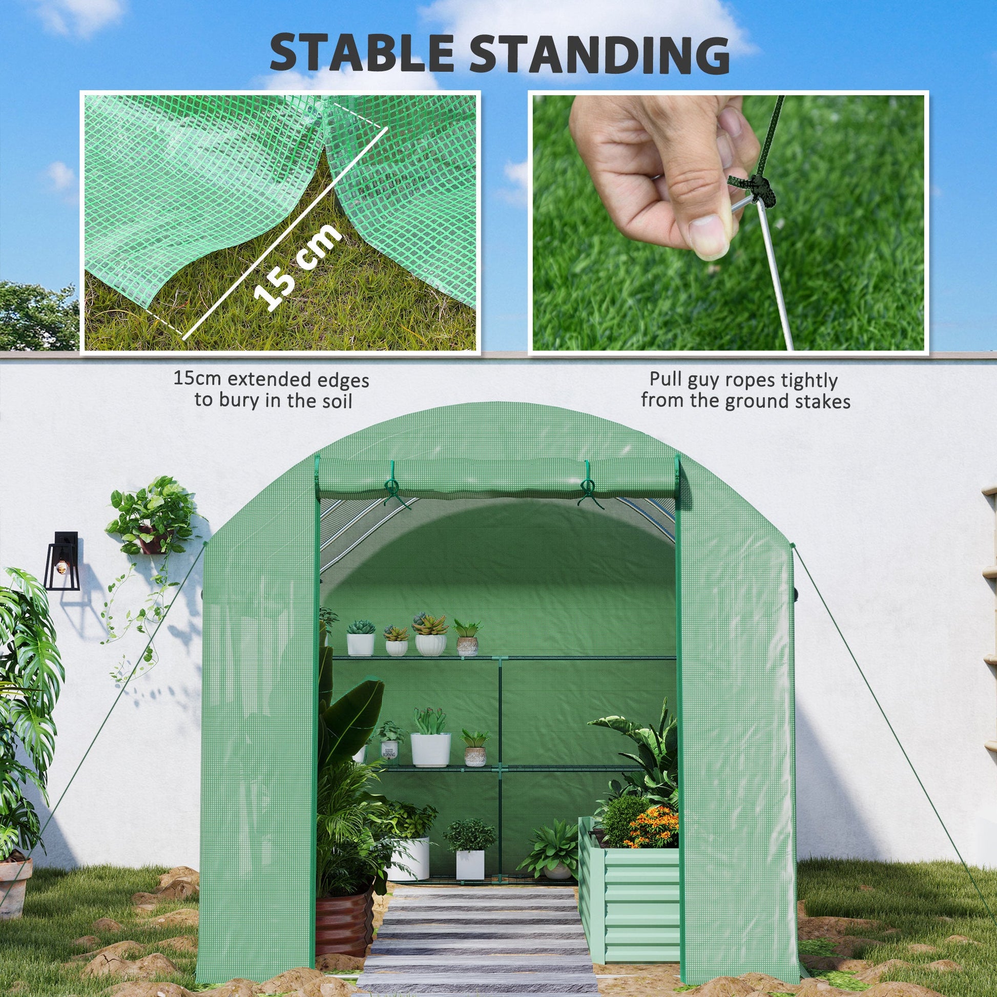 3 x 2 x 2m Polytunnel Greenhouse with 3 Roll-up Doors and Mesh Windows, Walk-in Garden Tunnel Warm House Tent with UV-resistant PE Cover and Galvanised Steel Frame, Green
