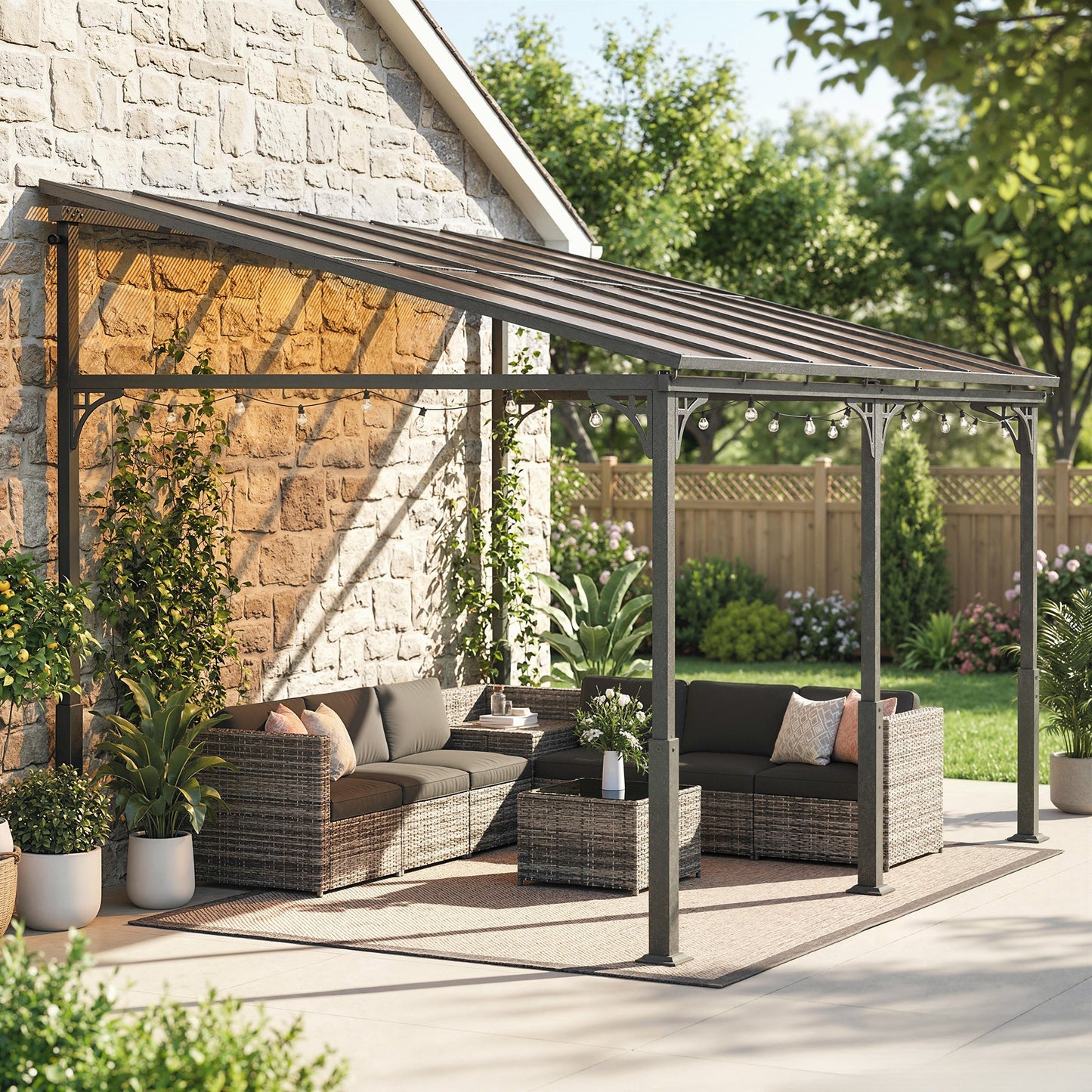 4 x 3 m Metal Lean-to Pergola, Wall-Mounted Garden Pergola with Polycarbonate Roof and Metal-Aluminium Frame, Heavy Duty Hardtop Gazebo for Outdoor Patios, BBQ, Brown