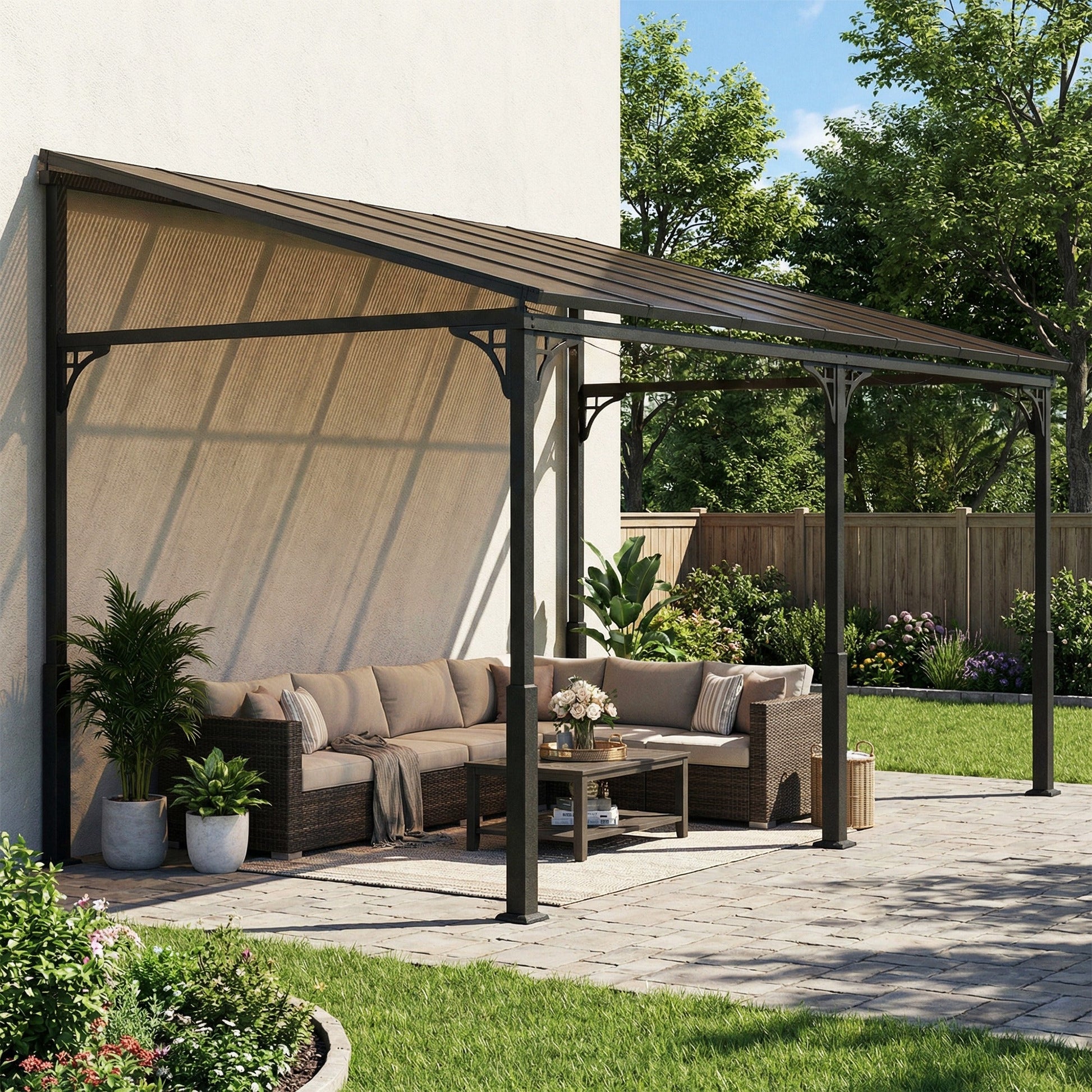 4 x 3 m Metal Lean-to Pergola, Wall-Mounted Garden Pergola with Polycarbonate Roof and Metal-Aluminium Frame, Heavy Duty Hardtop Gazebo for Outdoor Patios, BBQ, Brown