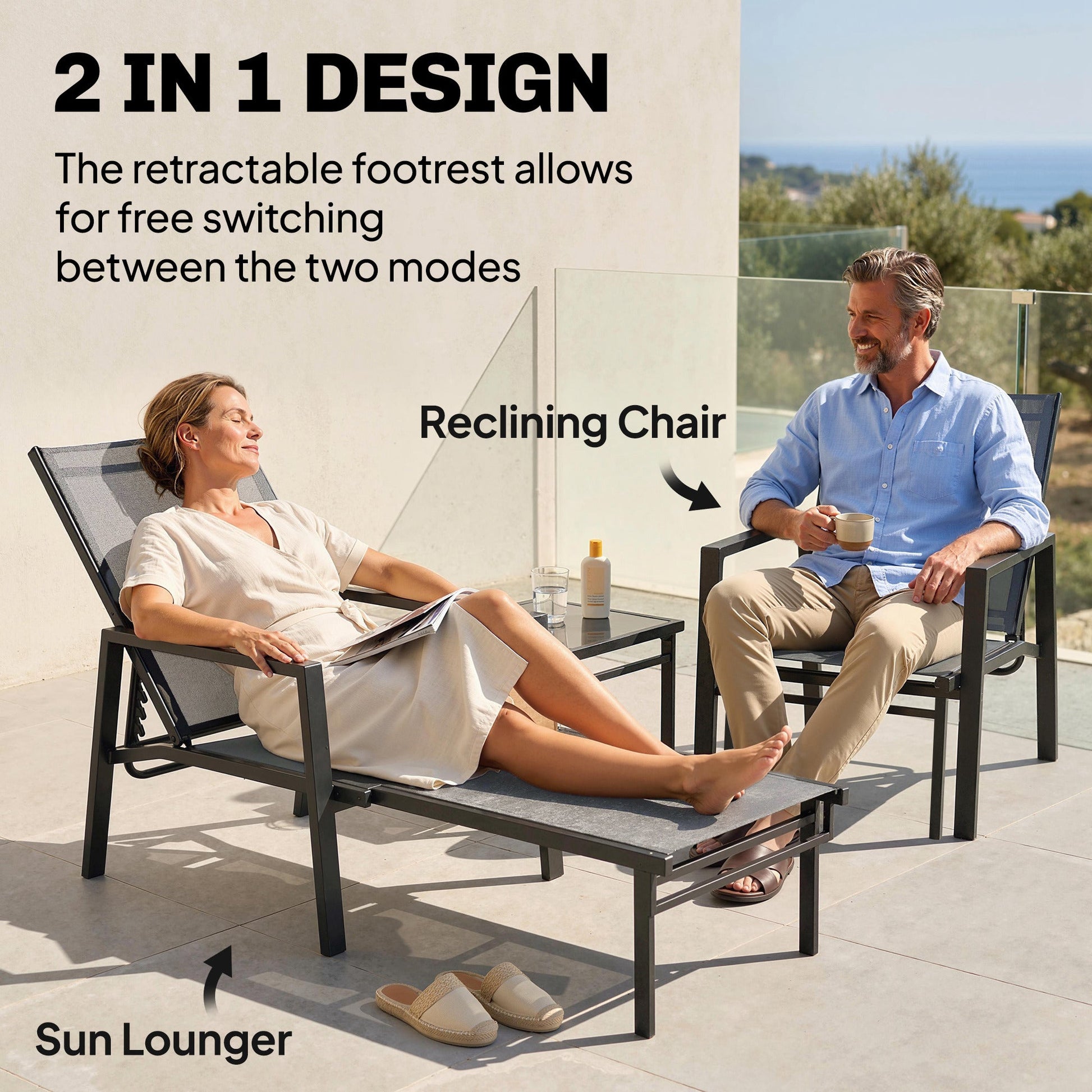 Sun Loungers Set of 2 with Retractable Footrest, 5-Position Adjustable Reclining Garden Lounger, Garden Chaise Lounge Sunbed Recliner Chair w/ Steel Frame for Beach, Porch, Patio, Dark Grey