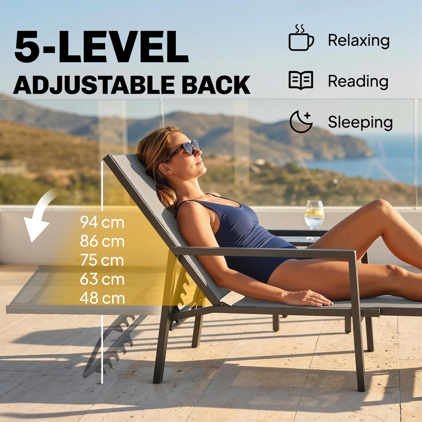 Sun Loungers Set of 2 with Retractable Footrest, 5-Position Adjustable Reclining Garden Lounger, Garden Chaise Lounge Sunbed Recliner Chair w/ Steel Frame for Beach, Porch, Patio, Dark Grey