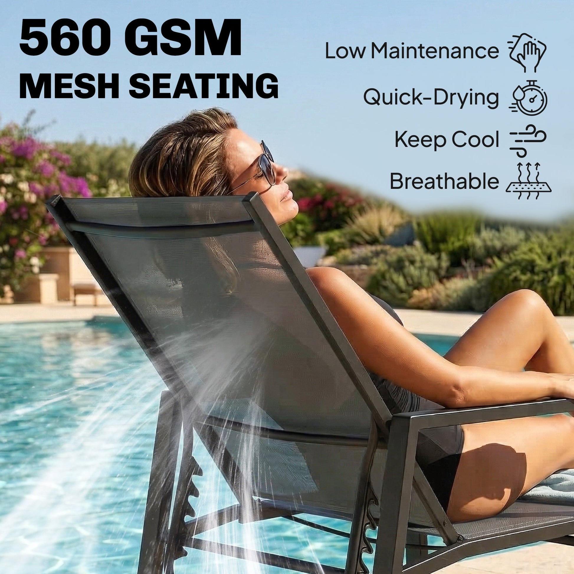 Sun Loungers Set of 2 with Retractable Footrest, 5-Position Adjustable Reclining Garden Lounger, Garden Chaise Lounge Sunbed Recliner Chair w/ Steel Frame for Beach, Porch, Patio, Dark Grey
