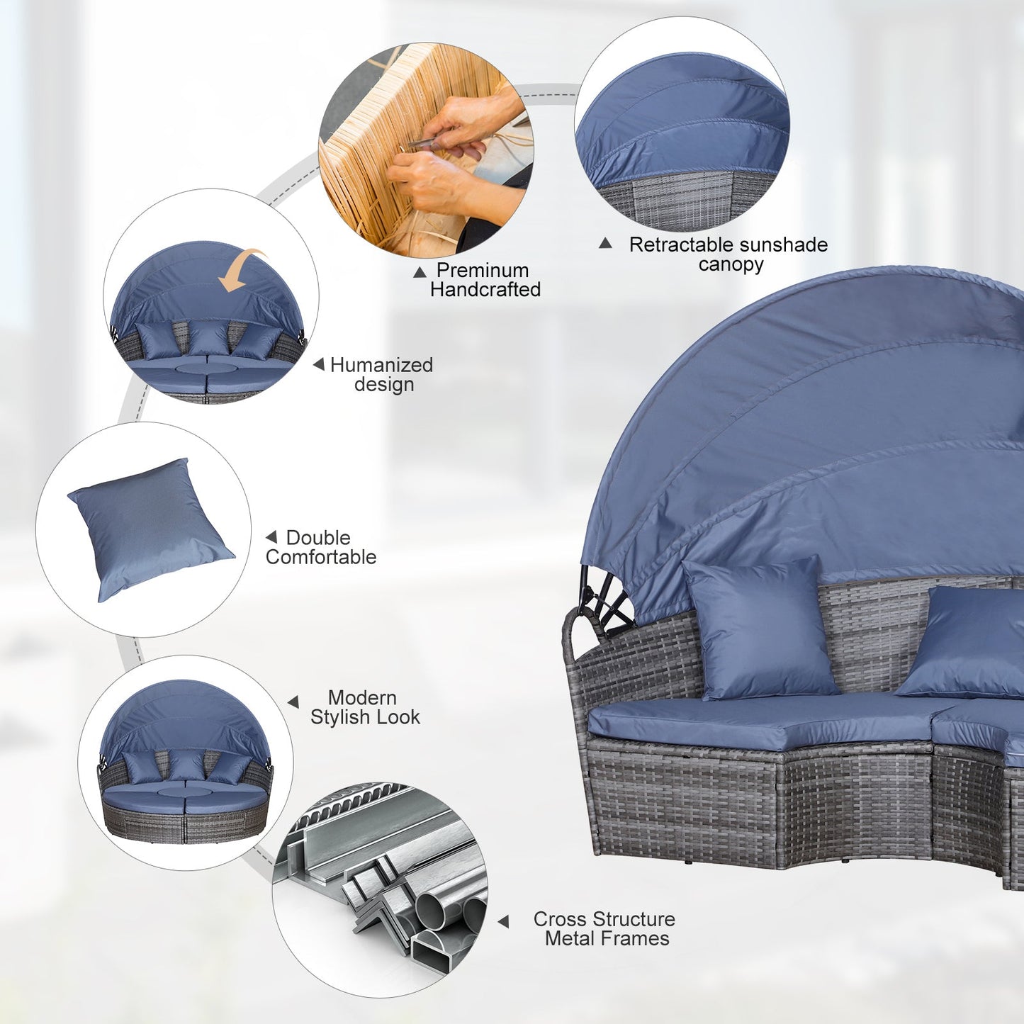 Outdoor PE Rattan Garden Furniture with Cushioned, Patio Wicker Conversation Furniture Set, Round Daybed with Retractable Canopy, Coffee Table and Three Pillows, Grey/Blue Grey