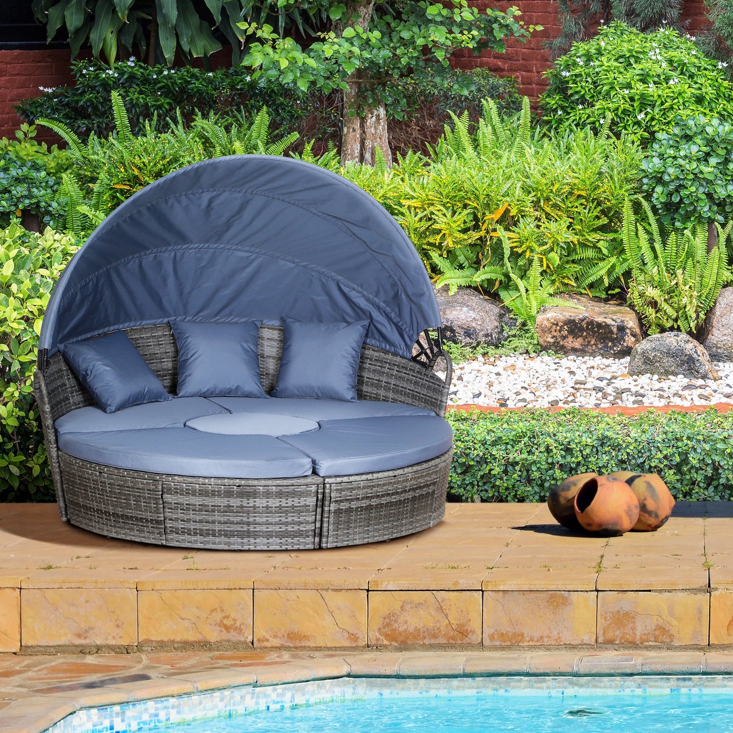 Outdoor PE Rattan Garden Furniture with Cushioned, Patio Wicker Conversation Furniture Set, Round Daybed with Retractable Canopy, Coffee Table and Three Pillows, Grey/Blue Grey