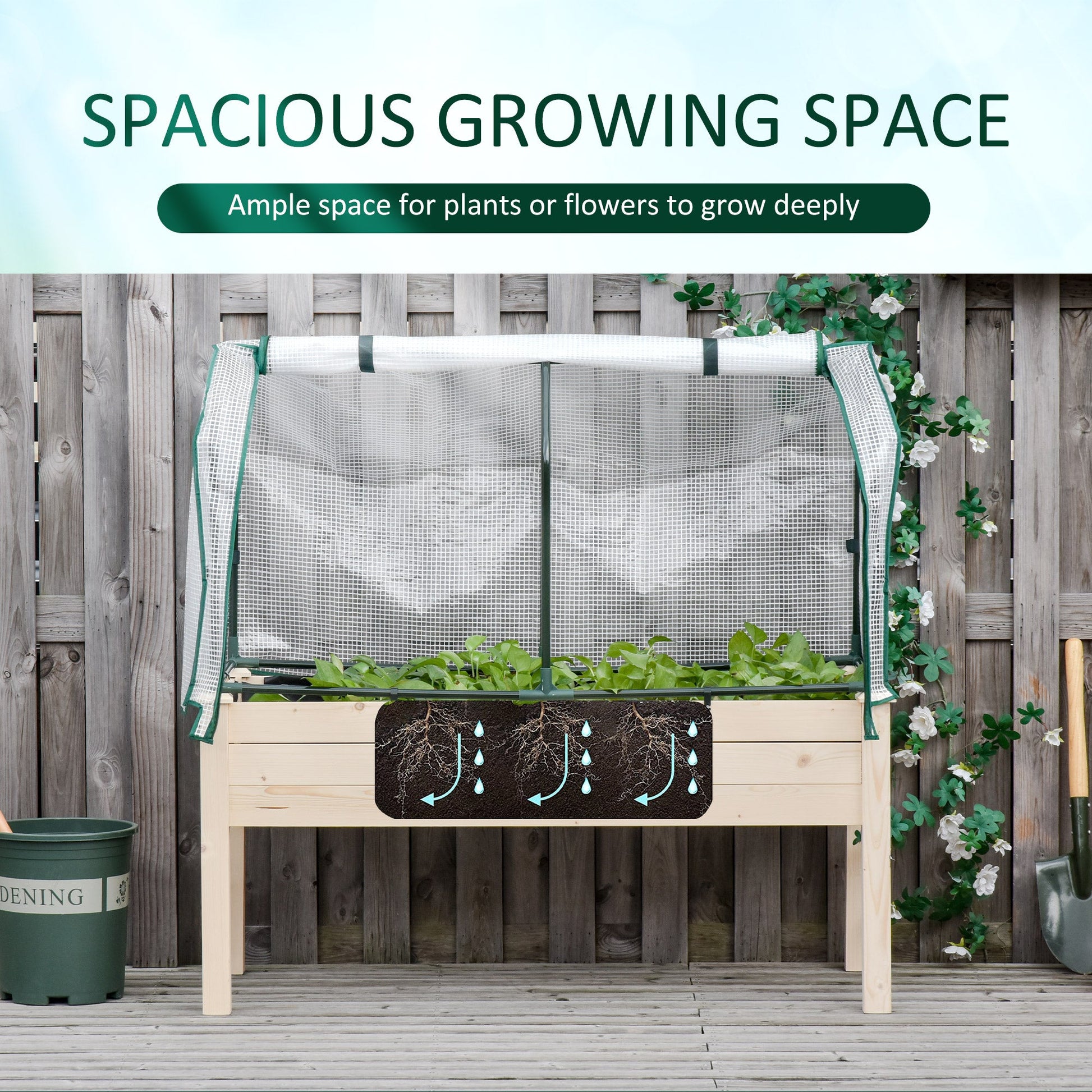 Raised Garden Bed with PE Greenhouse Cover, Outdoor Elevated Wood Planter Box for Herbs and Vegetables, Use for Patio, Garden, Balcony, 121 x 55 x 117cm, Nature Wood Finish
