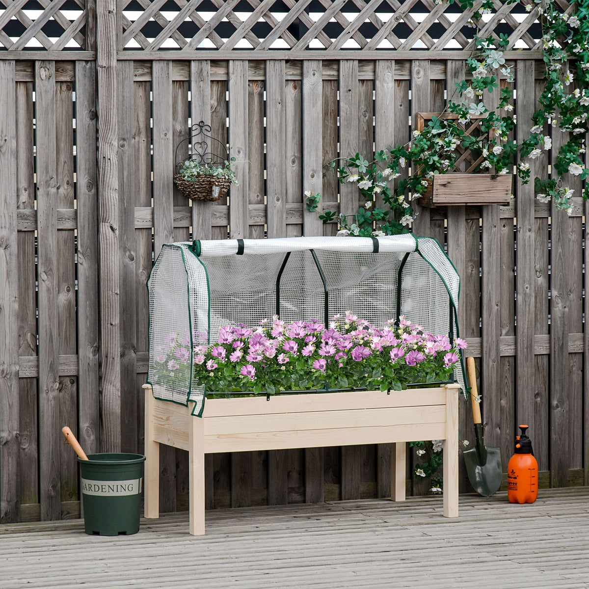 Raised Garden Bed with PE Greenhouse Cover, Outdoor Elevated Wood Planter Box for Herbs and Vegetables, Use for Patio, Garden, Balcony, 121 x 55 x 117cm, Nature Wood Finish